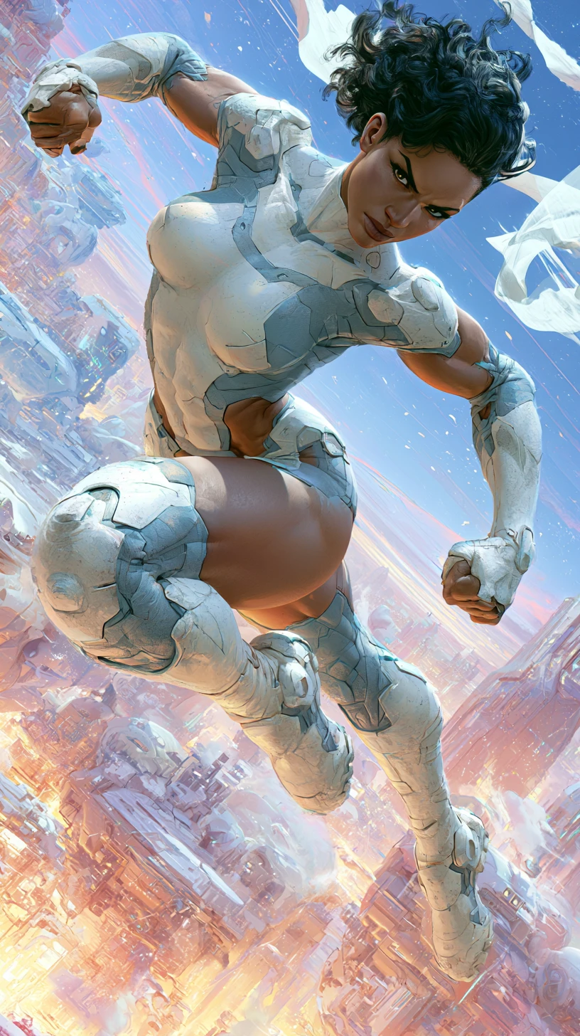 Muscular heroine flying above a futuristic city at dusk