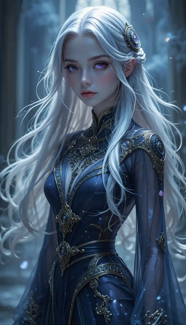 Ethereal anime girl with silver hair and ghostly clock aura