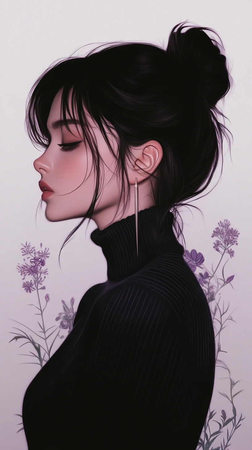 Melancholic anime woman in profile with high bun and bangs
