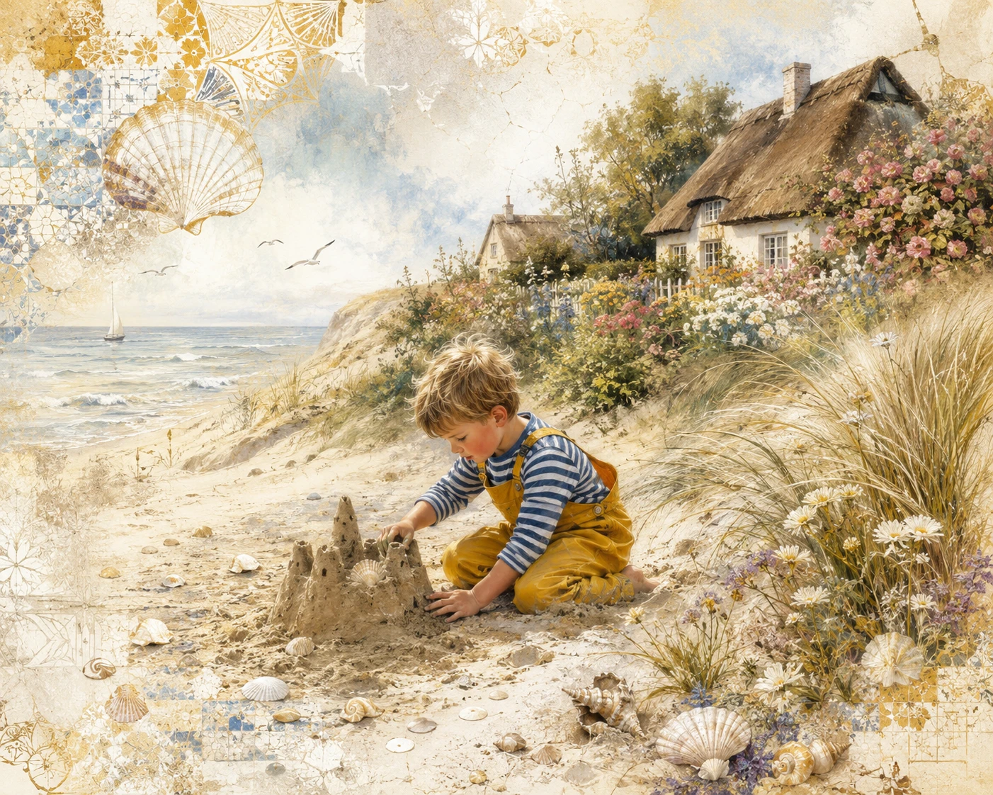 Young boy building a sandcastle on a calm seaside beach