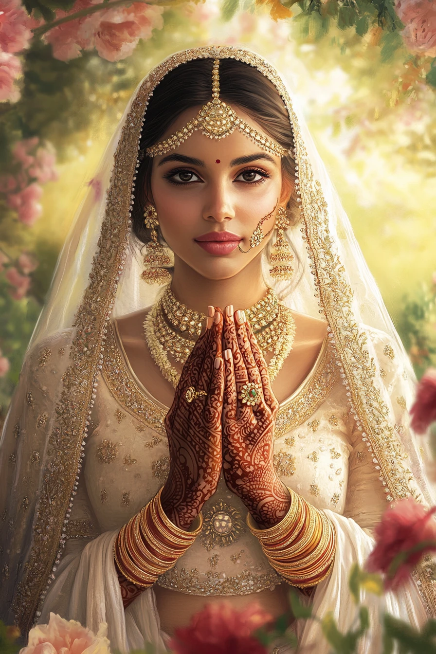Indian bride in ornate wedding dress at sunset garden