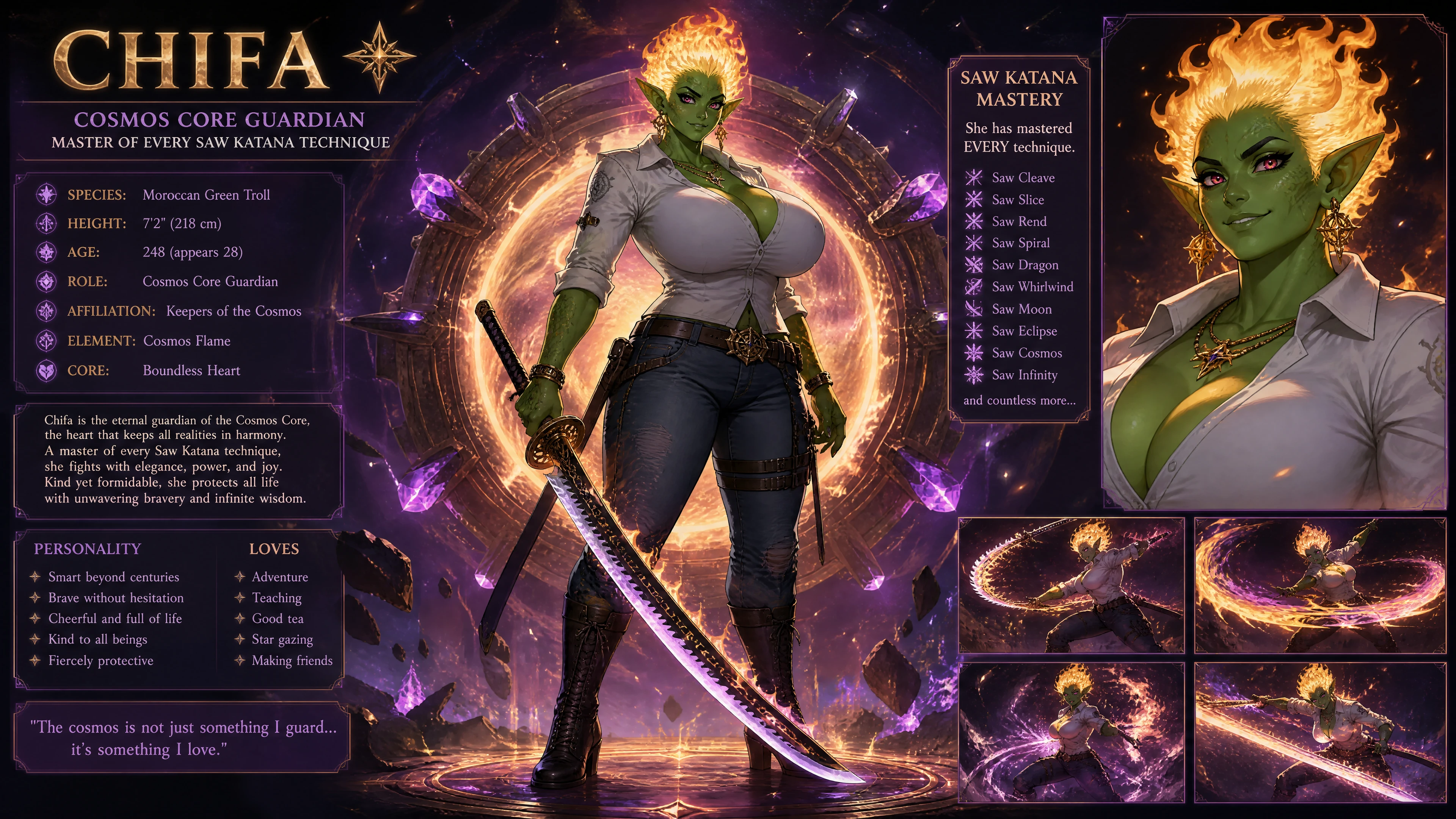 Tall green troll woman guardian with cosmic power