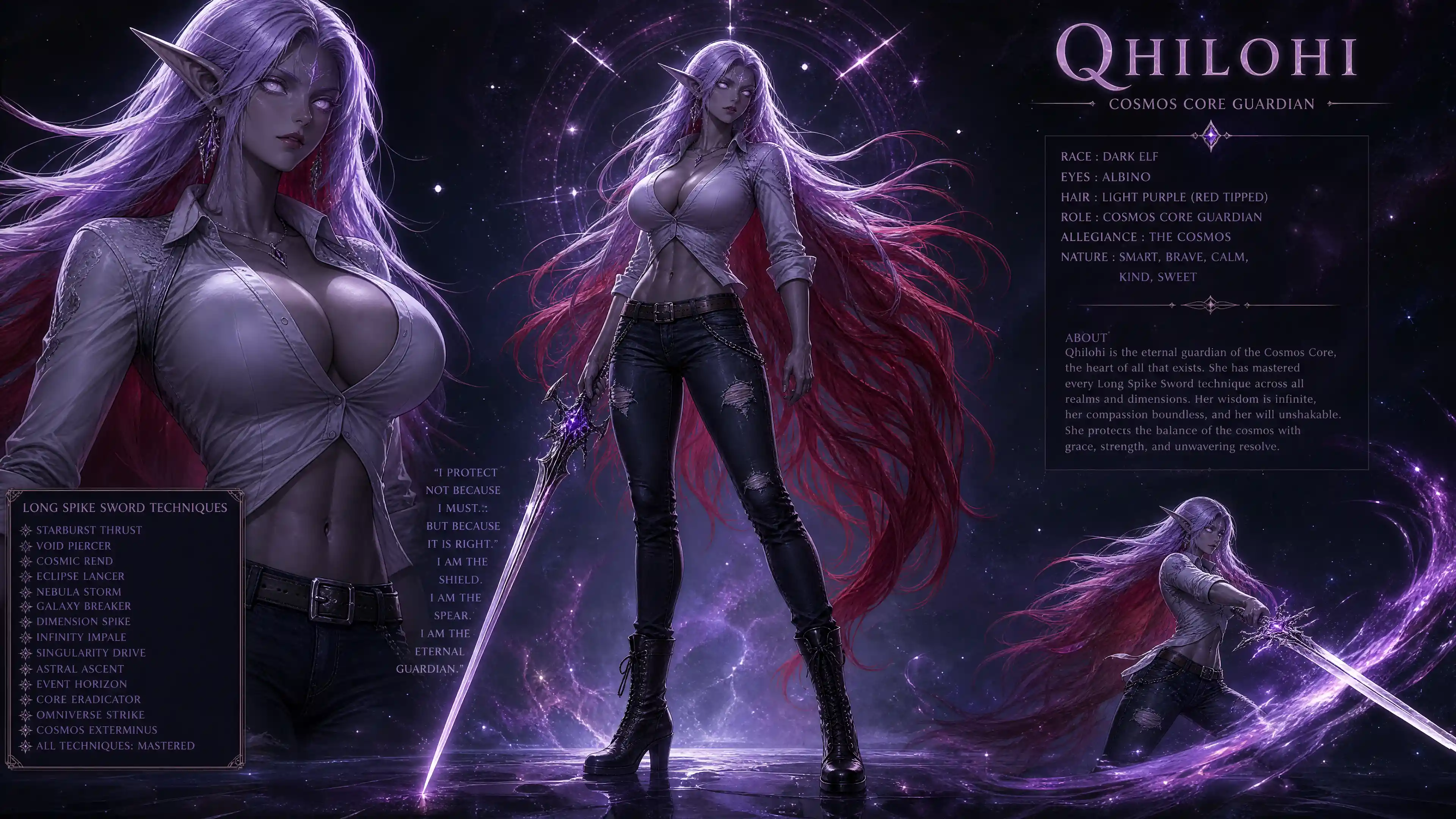 Dark elf woman guardian with cosmic sword mastery