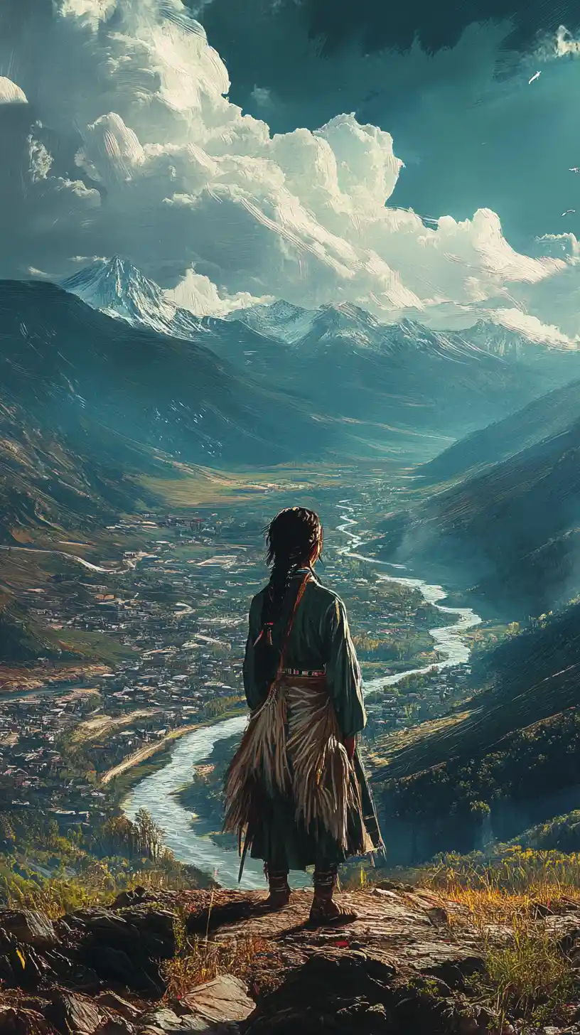 Vintage style native girl by river in mountain city