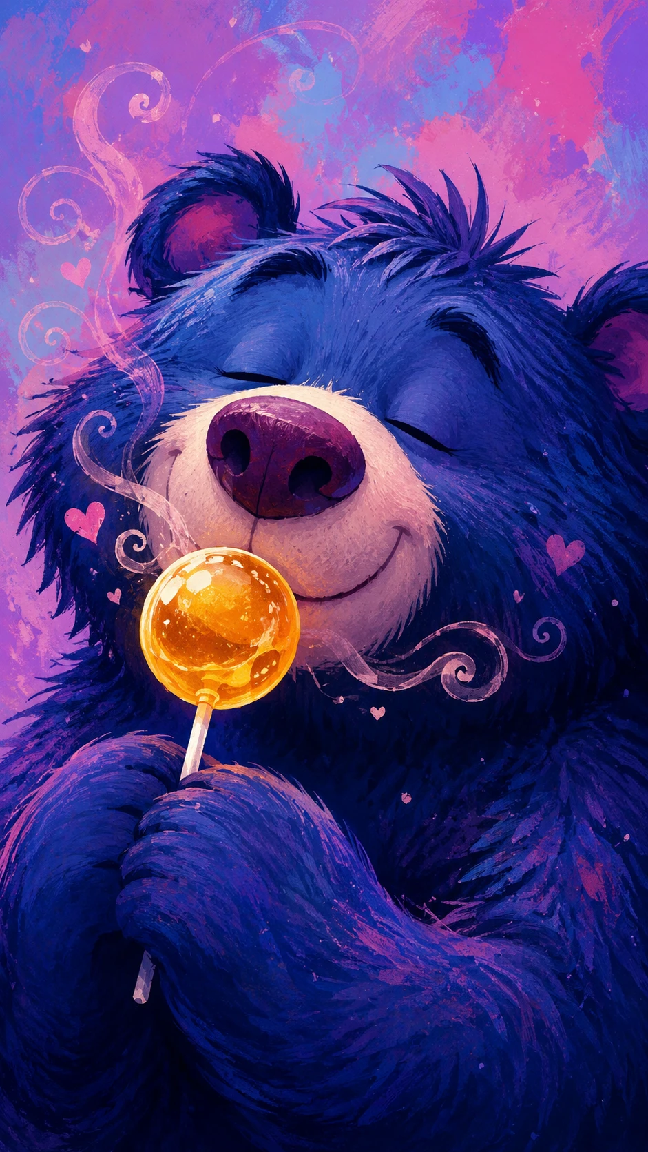 Cute shaggy bear delighting in the scent of honey candy