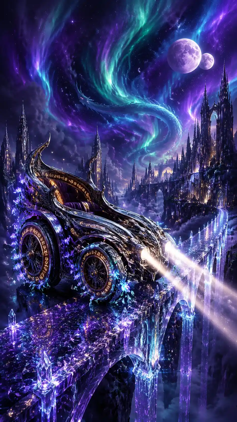 Mystical obsidian chariot on a crystalline sky bridge