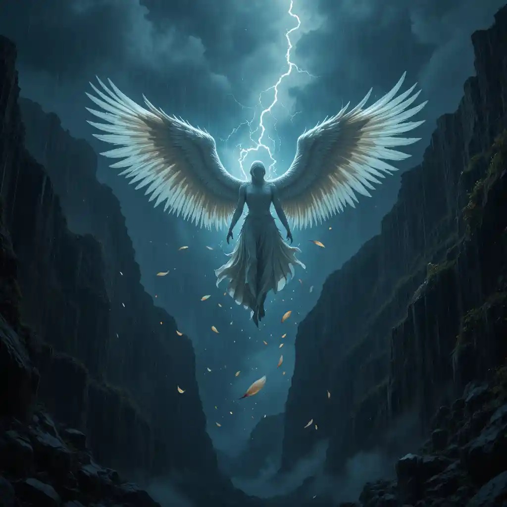 Fallen angel plunging through stormy sky into canyon
