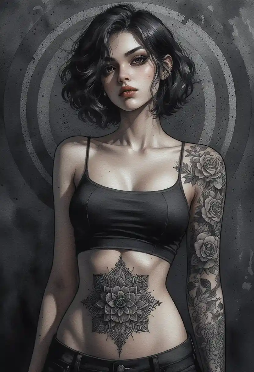 Gothic anime woman portrait with tattoos in dramatic light