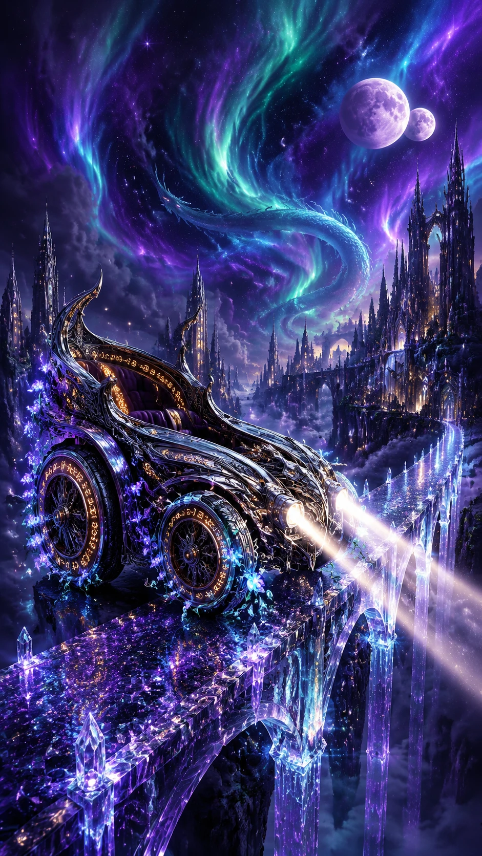 Mystical obsidian chariot on a crystalline sky bridge