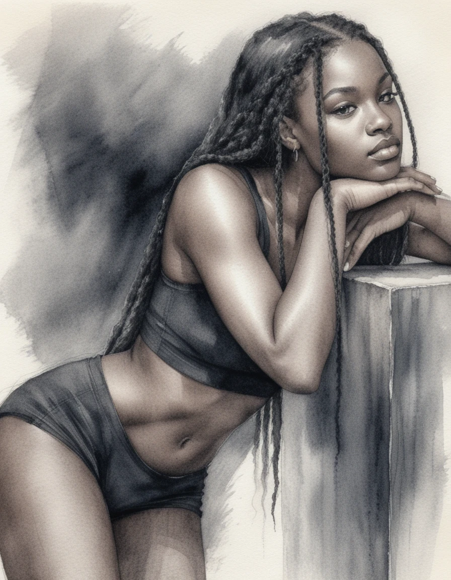 Graphite drawing of a woman leaning in three quarter pose