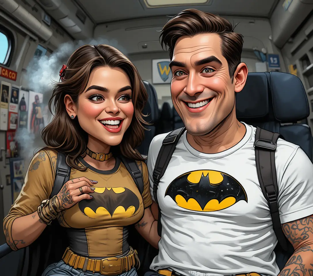 Couple traveling by plane with a bat on his tshirt