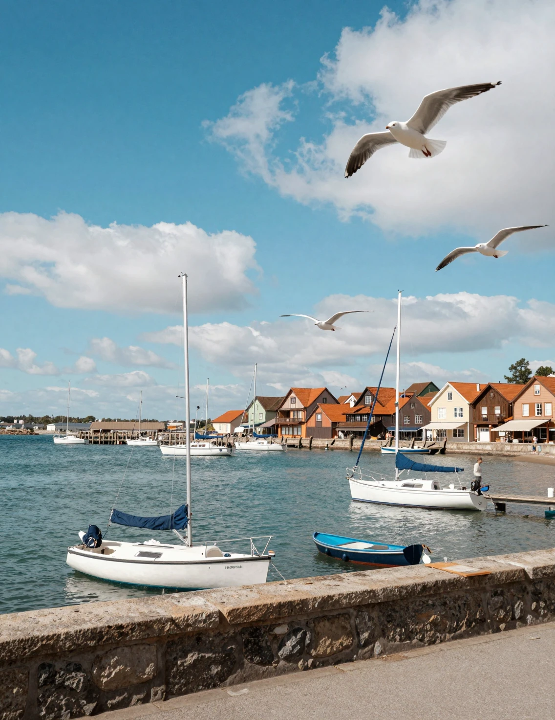 Sunny seaside harbor with sailboats and circling seagulls