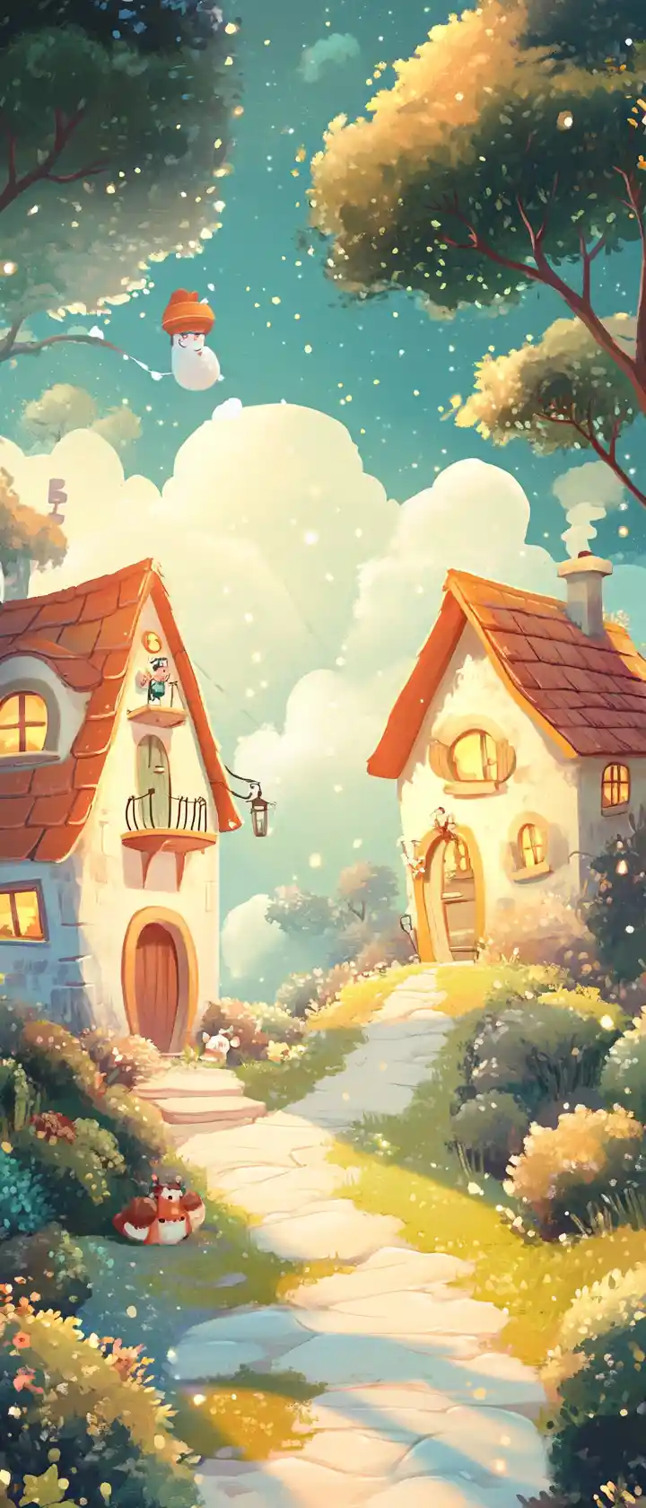 Whimsical anime childrens illustration in bright pastel colors