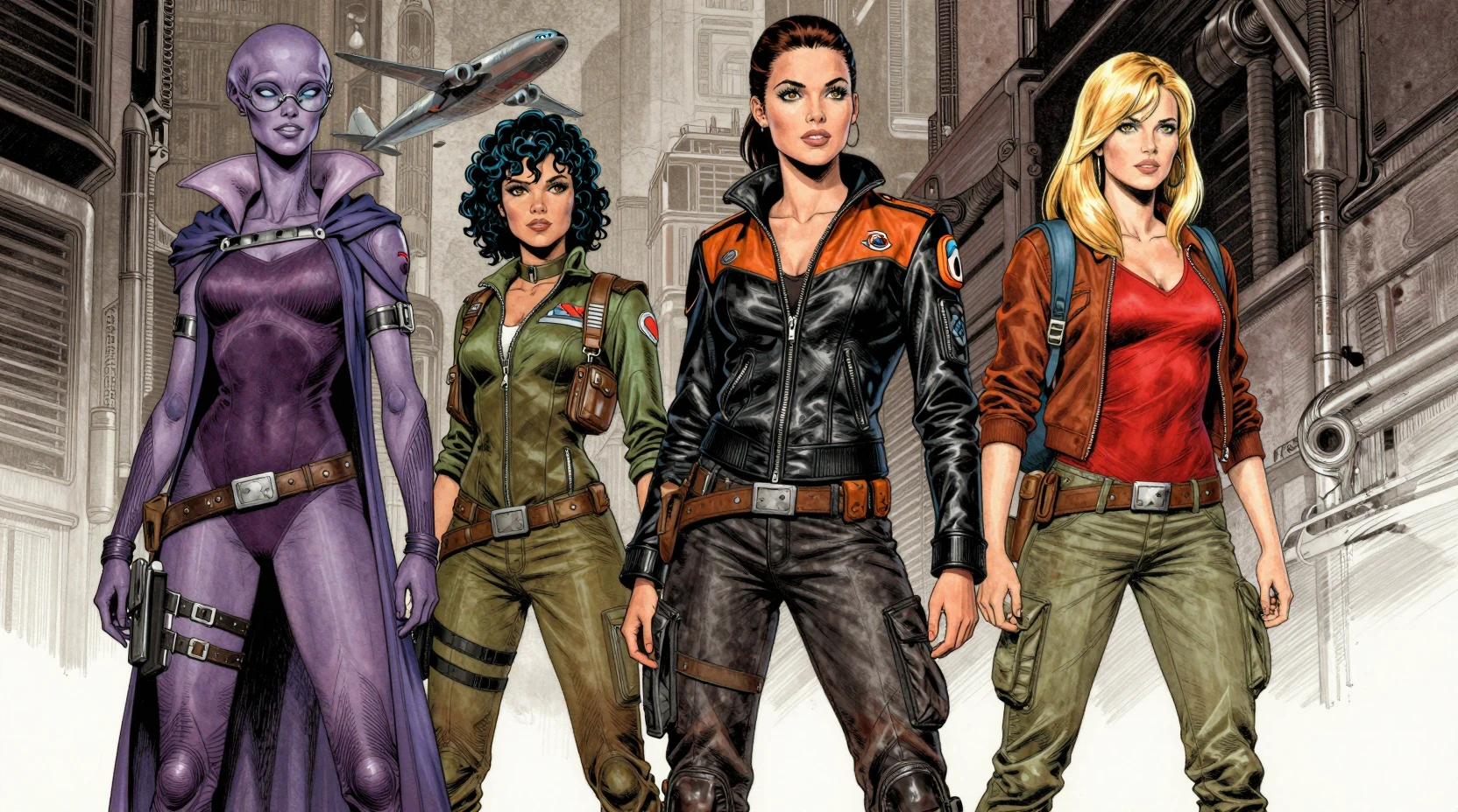Four female space heroes pose in a futuristic city