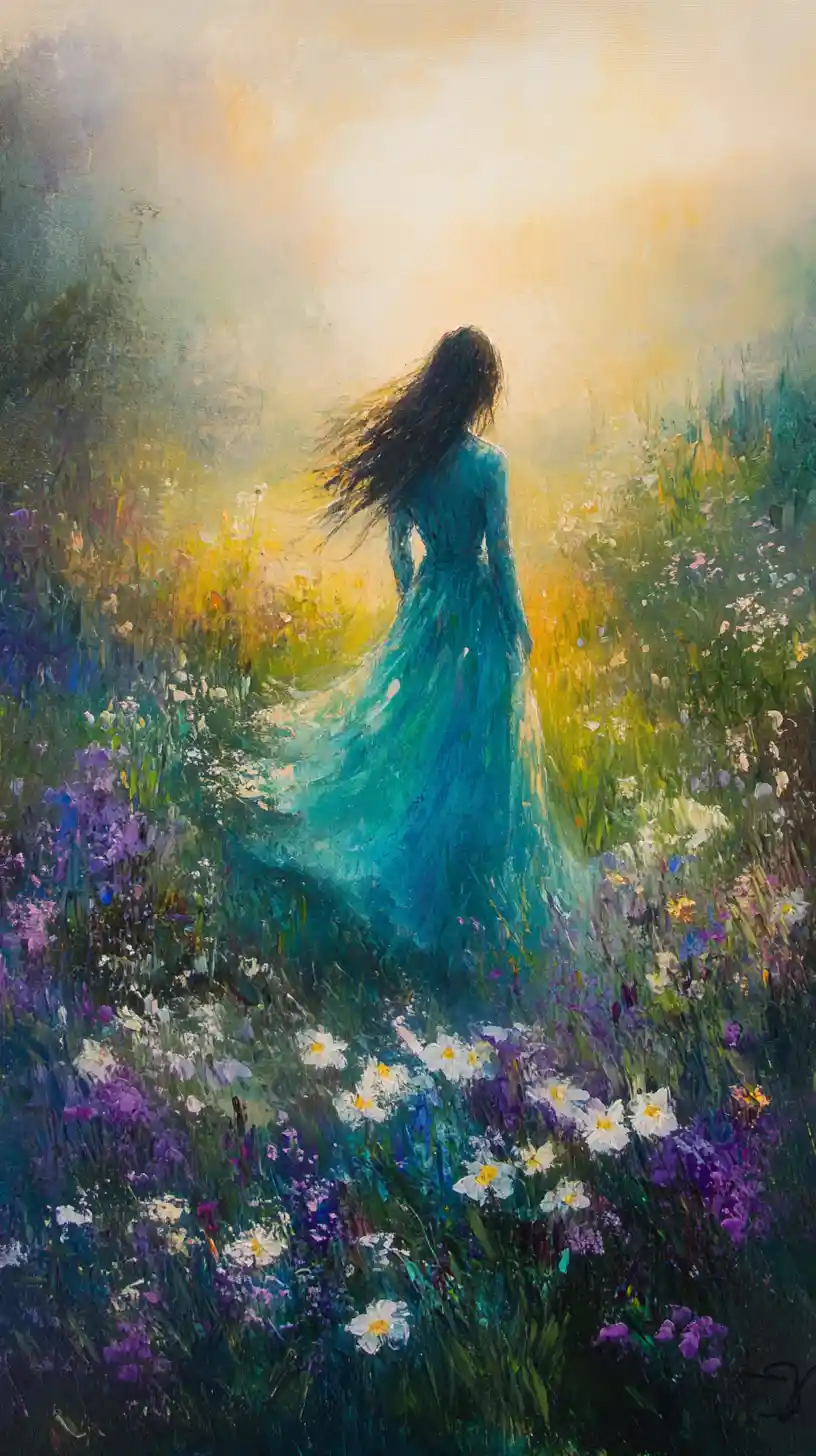 Woman In Turquoise Gown In Dreamlike Flower Garden