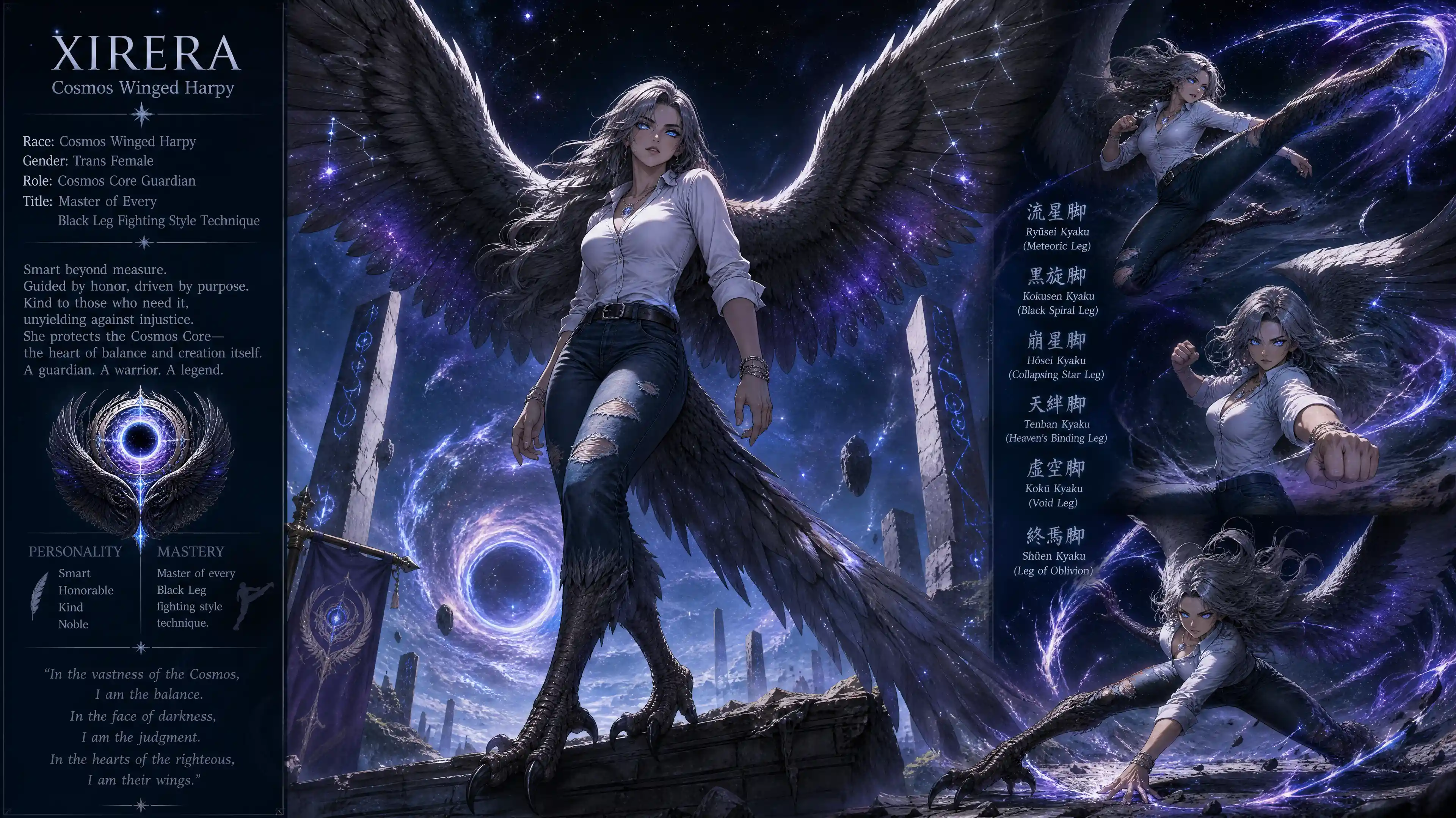 Winged harpy woman with cosmos wings in casual clothes