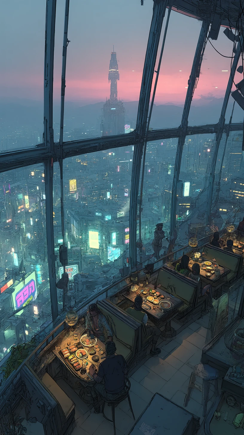 Pareja futurista cenando en restaurante cyberpunk iluminado con neón