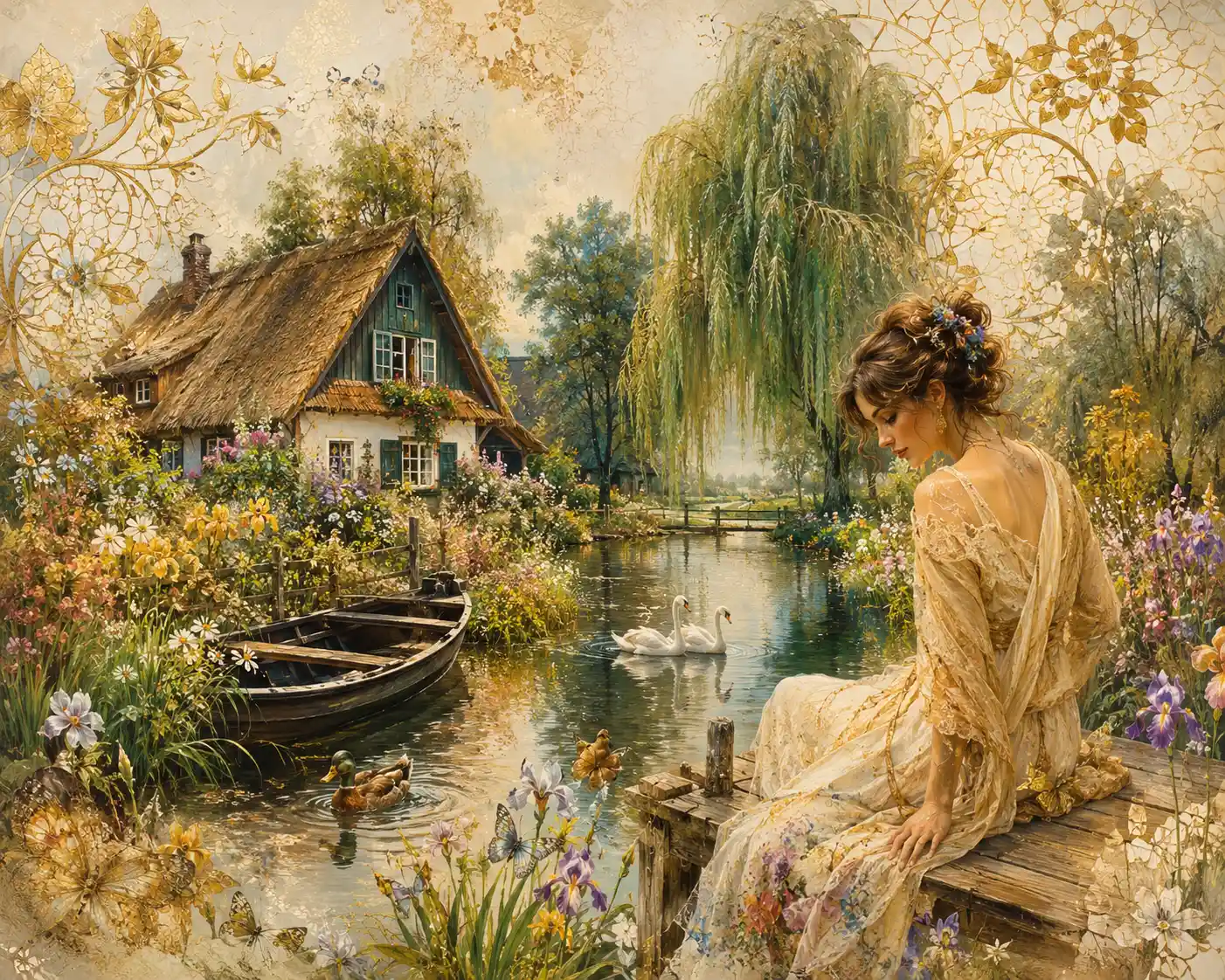 Elegant lady by a riverside cottage in willow landscape