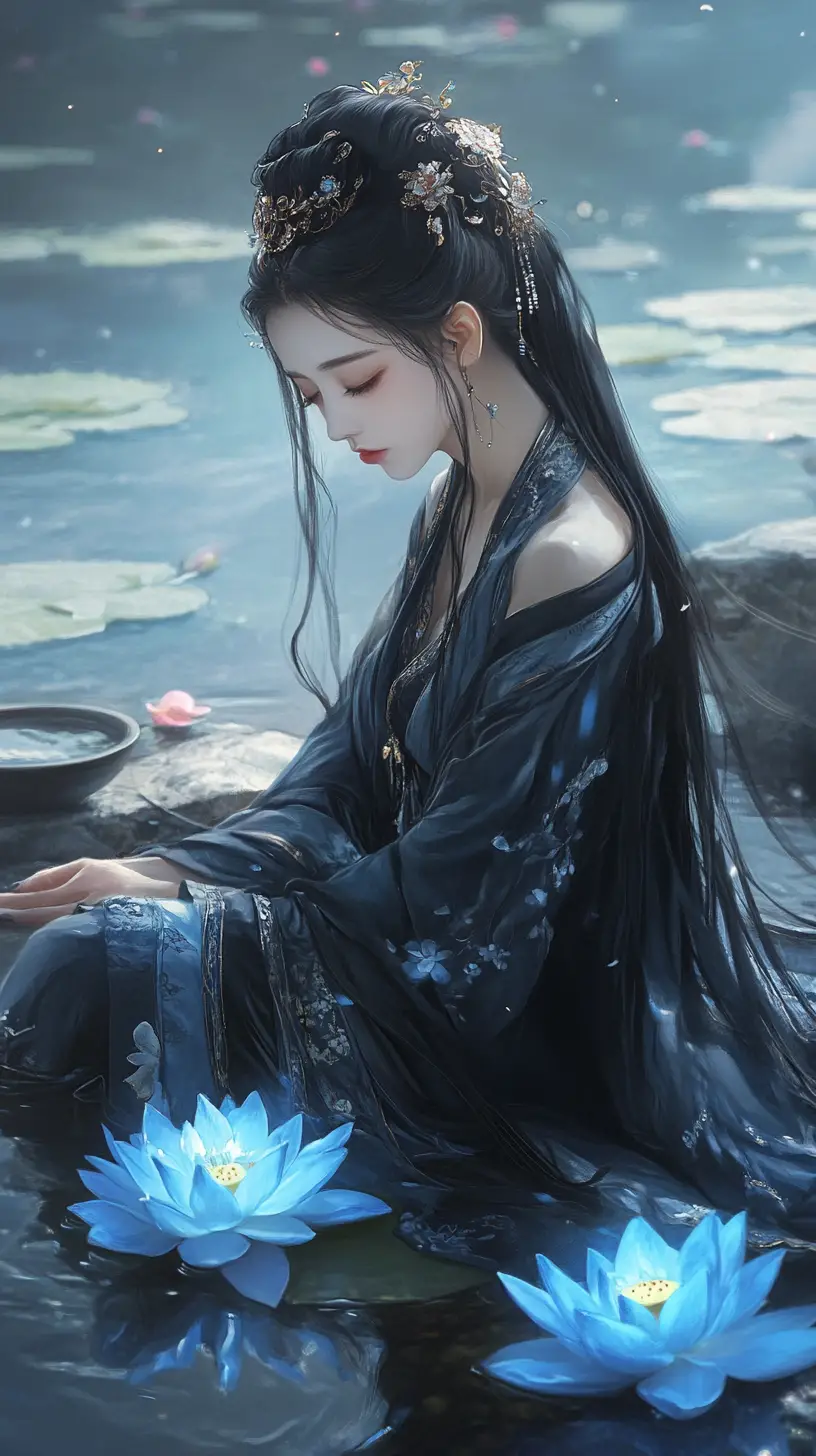 Elegant woman by glowing lotus pond in fantasy night