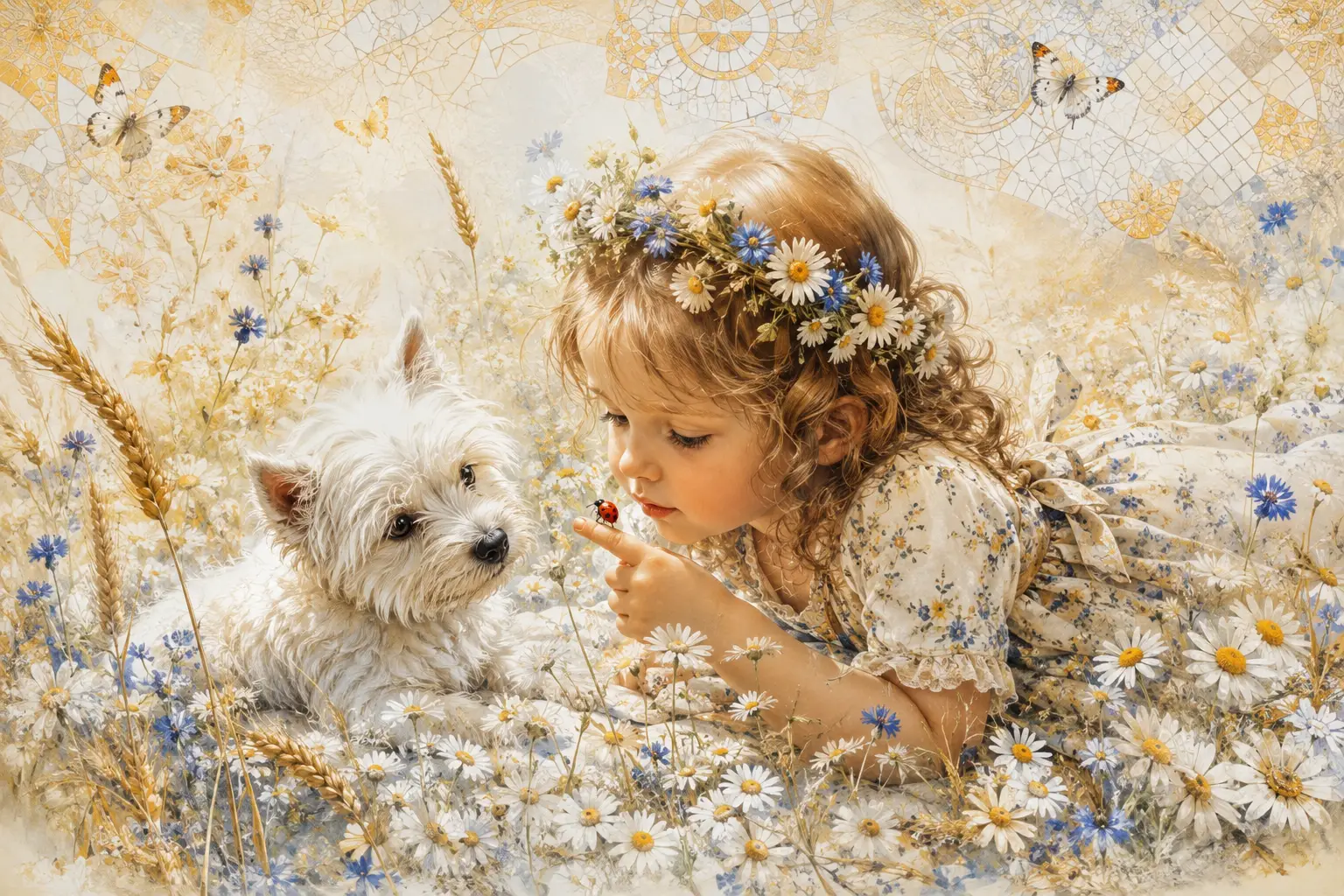 Young girl watching a ladybug in a white flower meadow