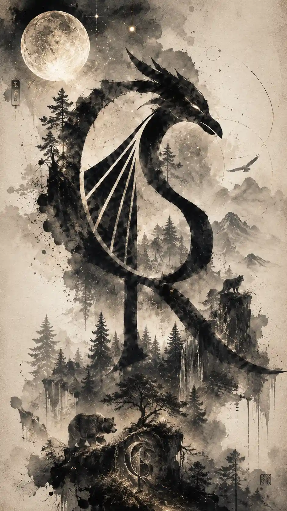 Ink forests and creatures emerging from textured paper