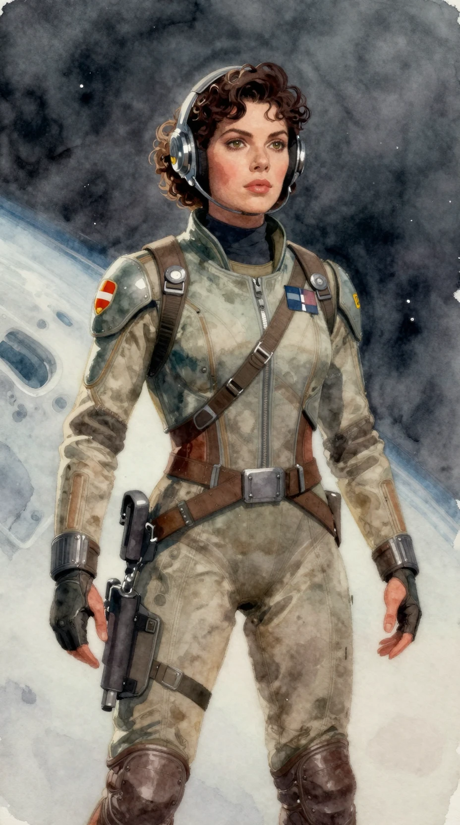 Short female space pilot defying physics in deep future