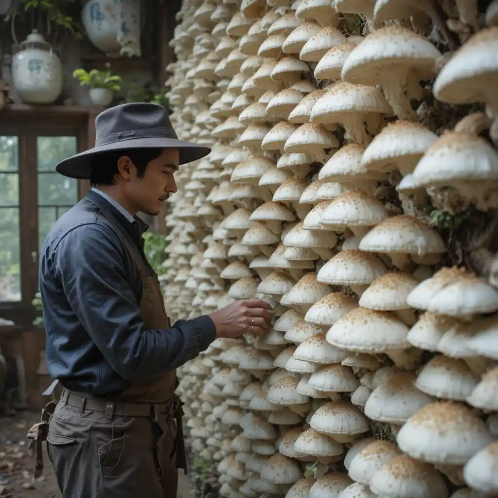Farmer tending white mushrooms on indoor vertical wall racks