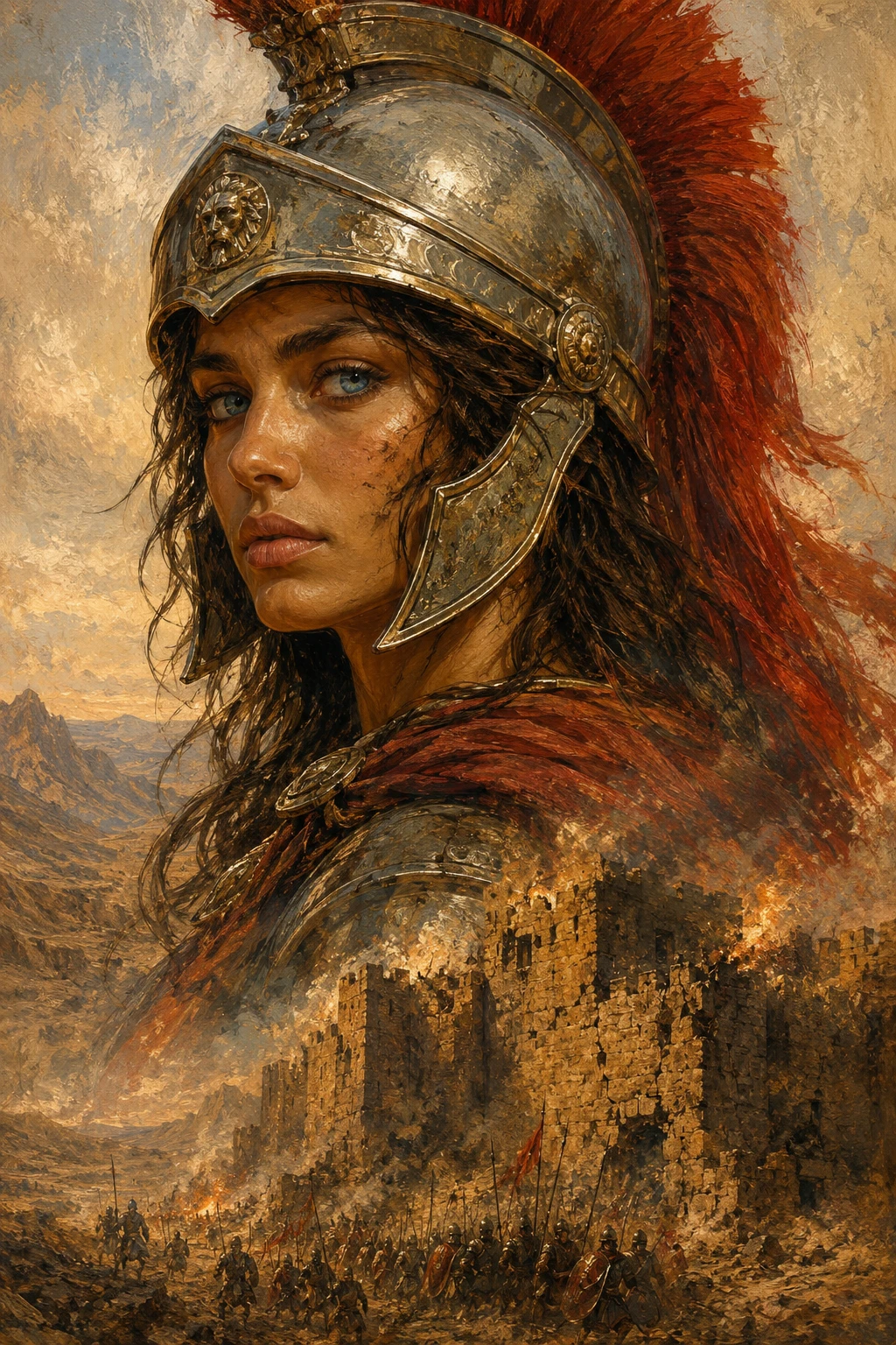 Serene female warrior in armor before desert stronghold