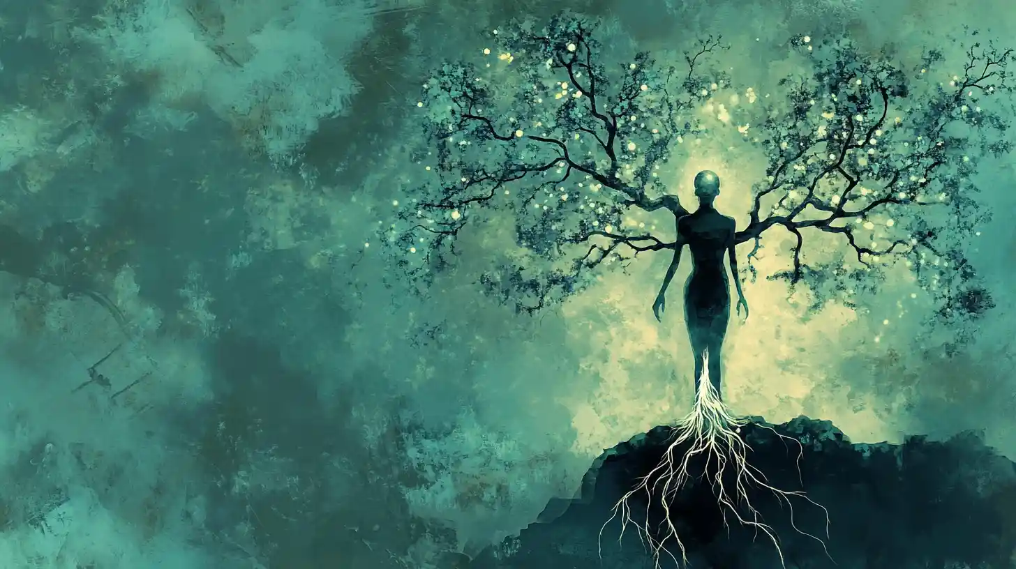 Ethereal guardian nurturing human shaped trees of memory