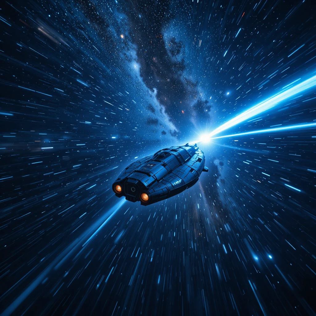 Spaceship Racing Through The Milky Way With Blue Light Trails