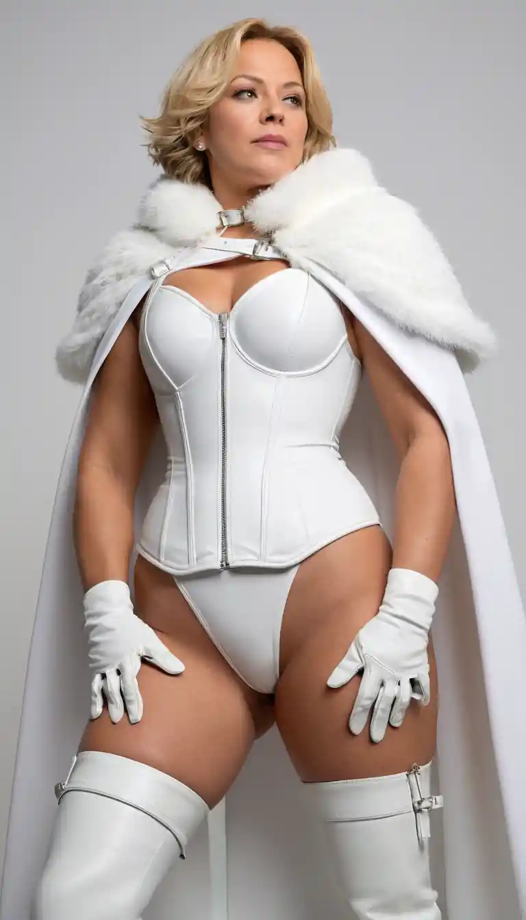 Low angle portrait of woman in white corset and boots