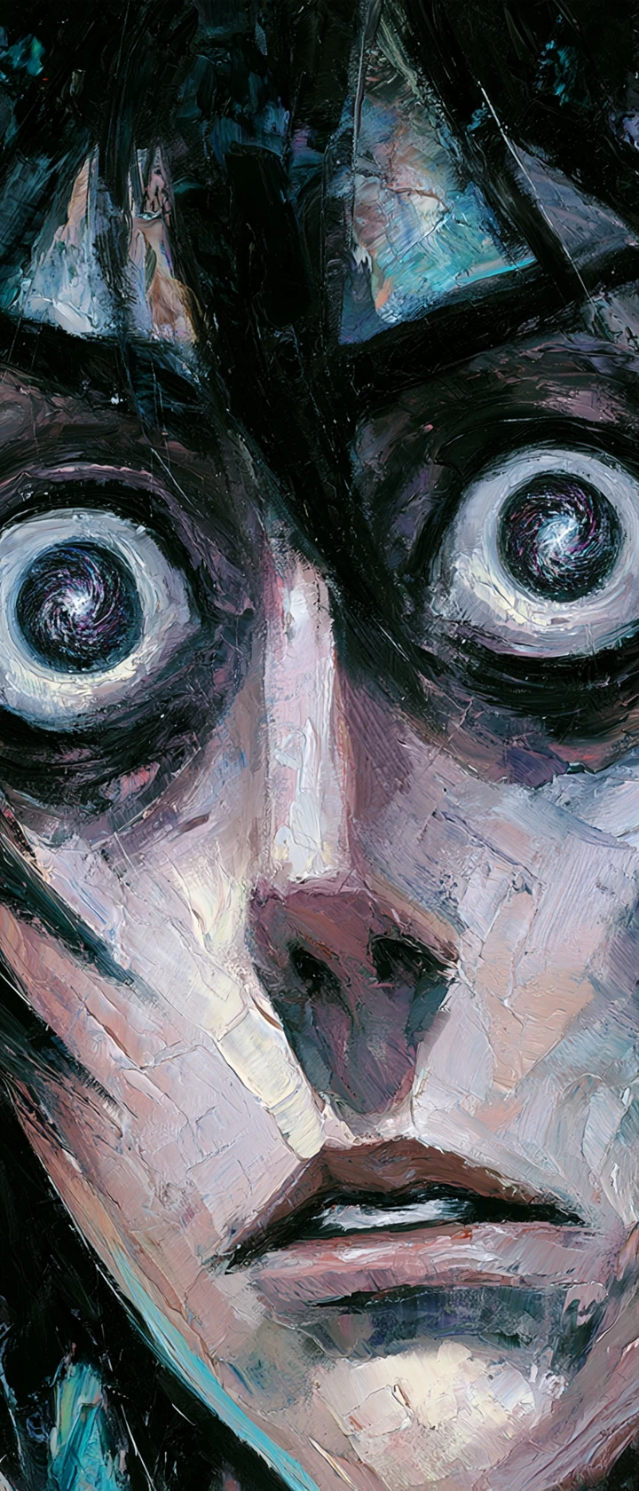Intense anime woman close up with cosmic eyes in oil paint