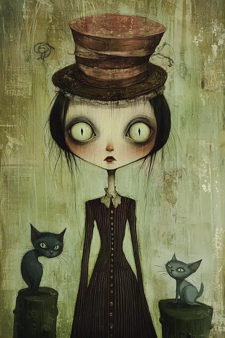 Whimsical girl with towering striped hat and wide eyes