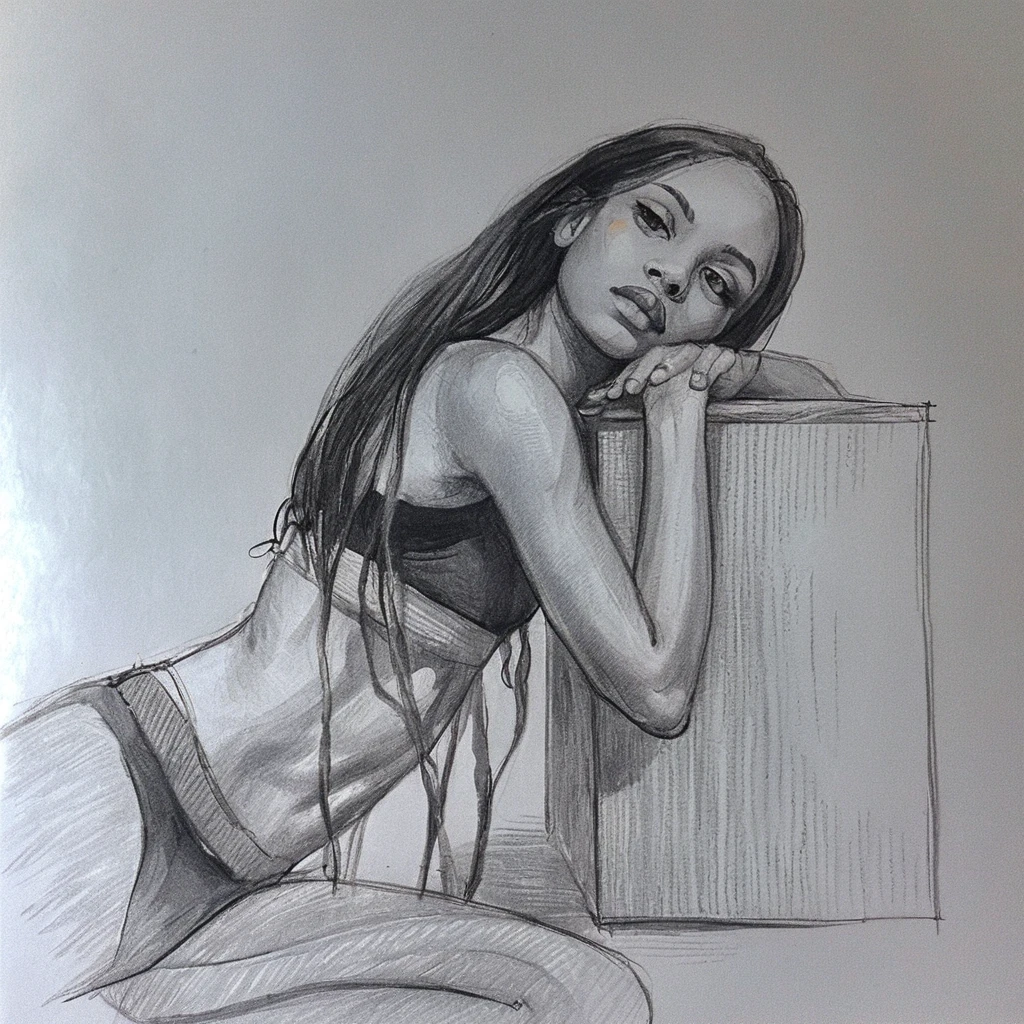 Graphite drawing of a woman leaning in three quarter pose