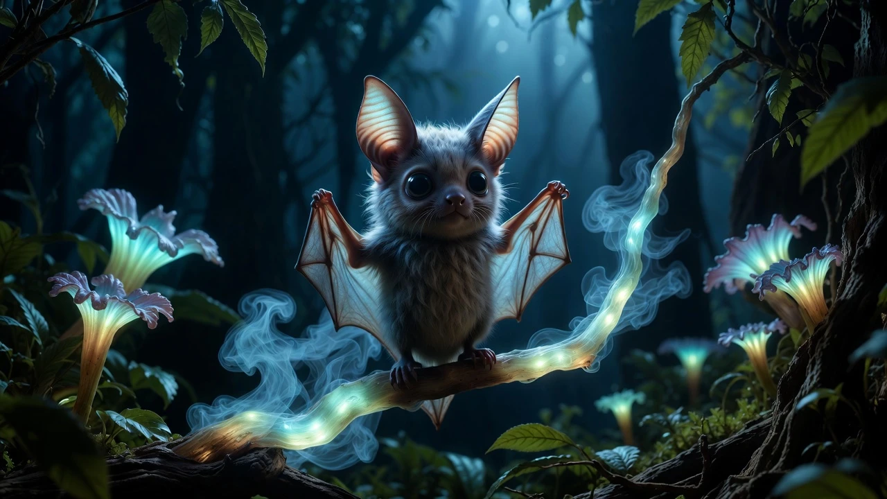 Cute bat on glowing branch in enchanted dark forest