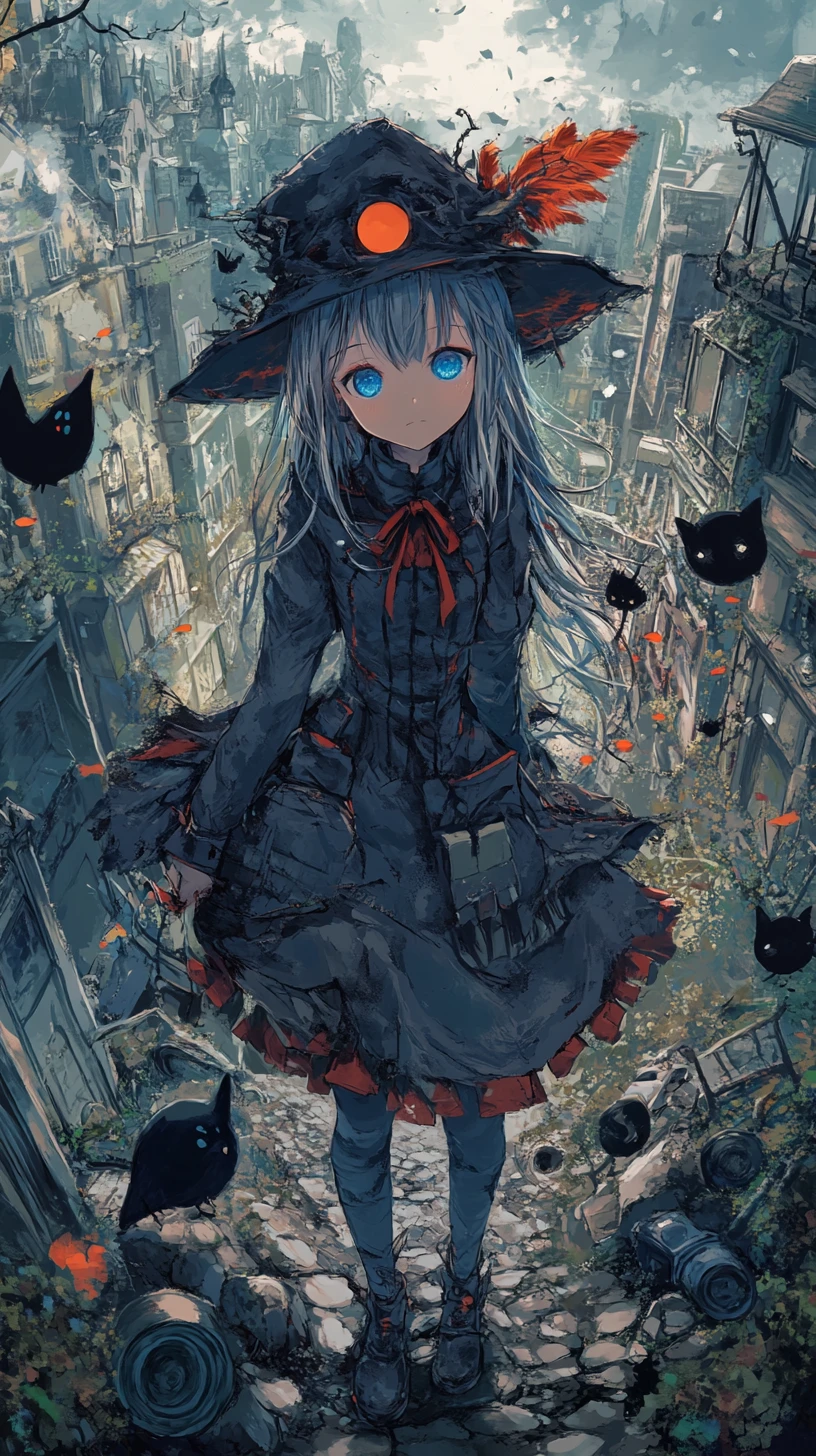 Dark anime dreamland with ghosts and a black cat