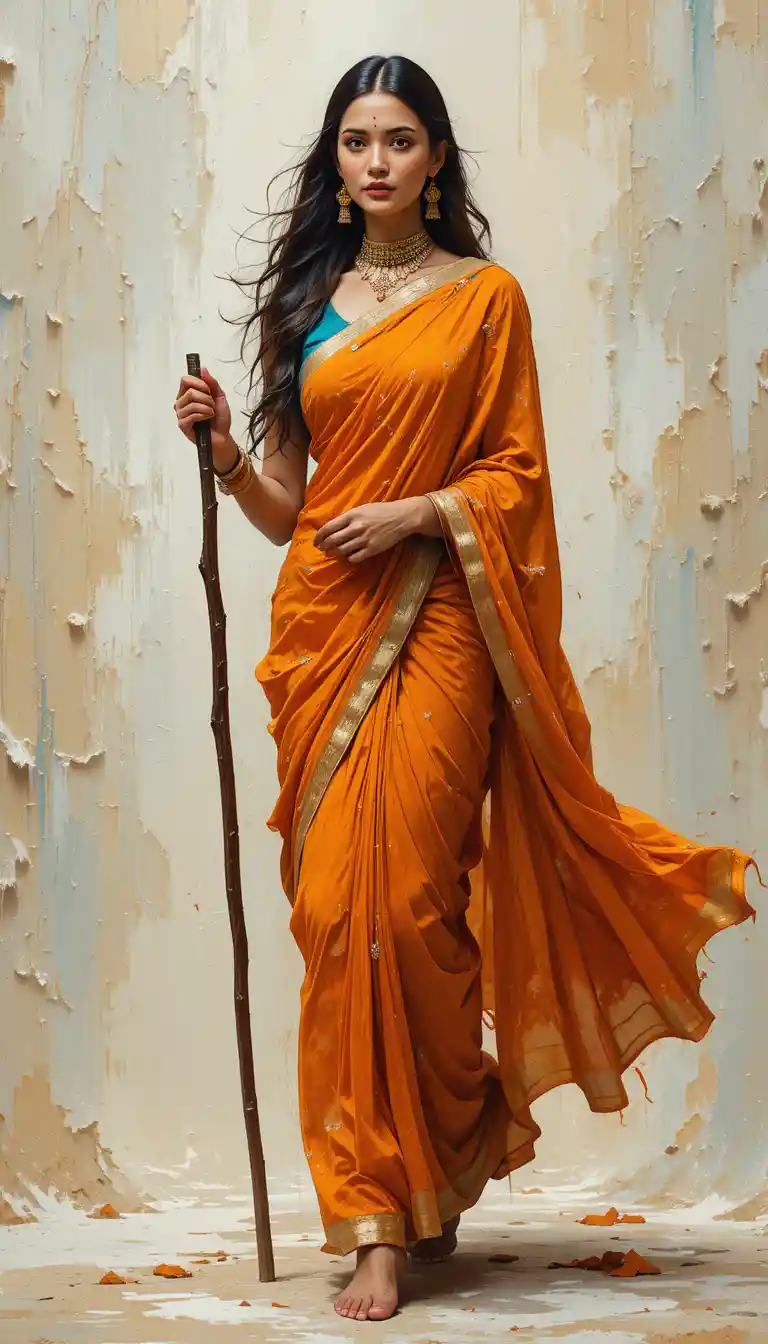 Indian woman in orange saree walking with staff in painting