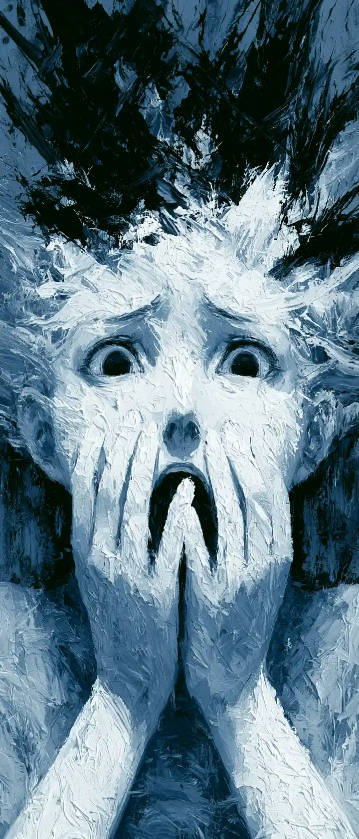 Close up anime man muffling a silent agonized scream