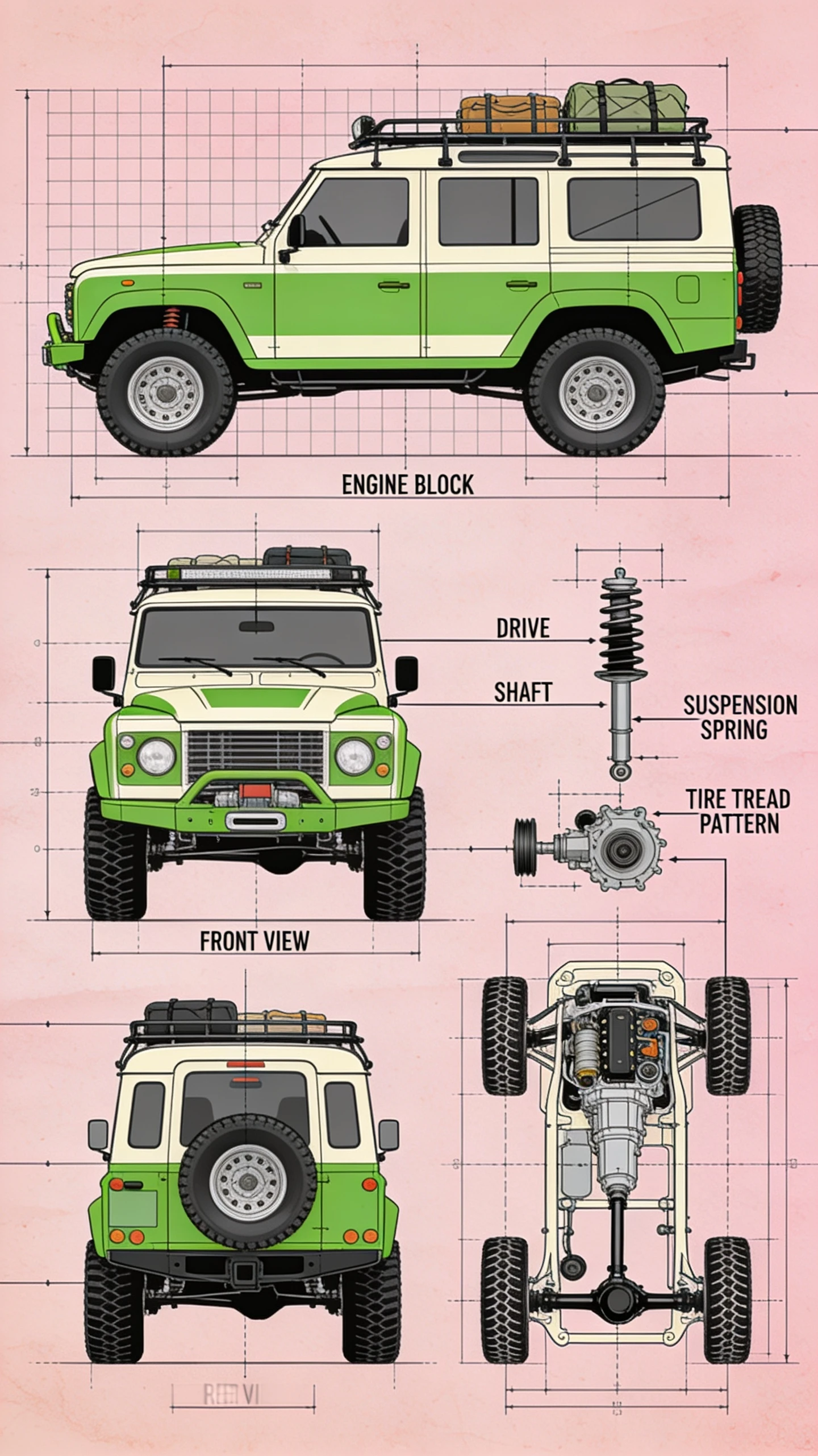 Technical blueprint of custom off road 4x4 vehicle layout
