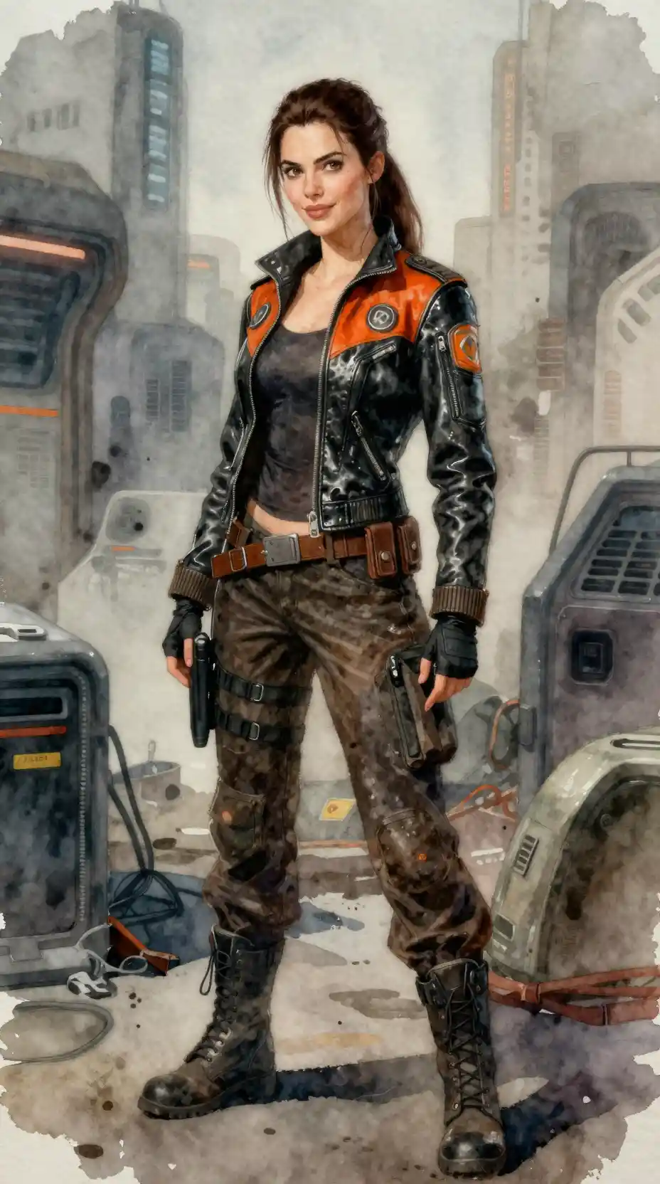 Cynical space warrior woman in futuristic city shadows