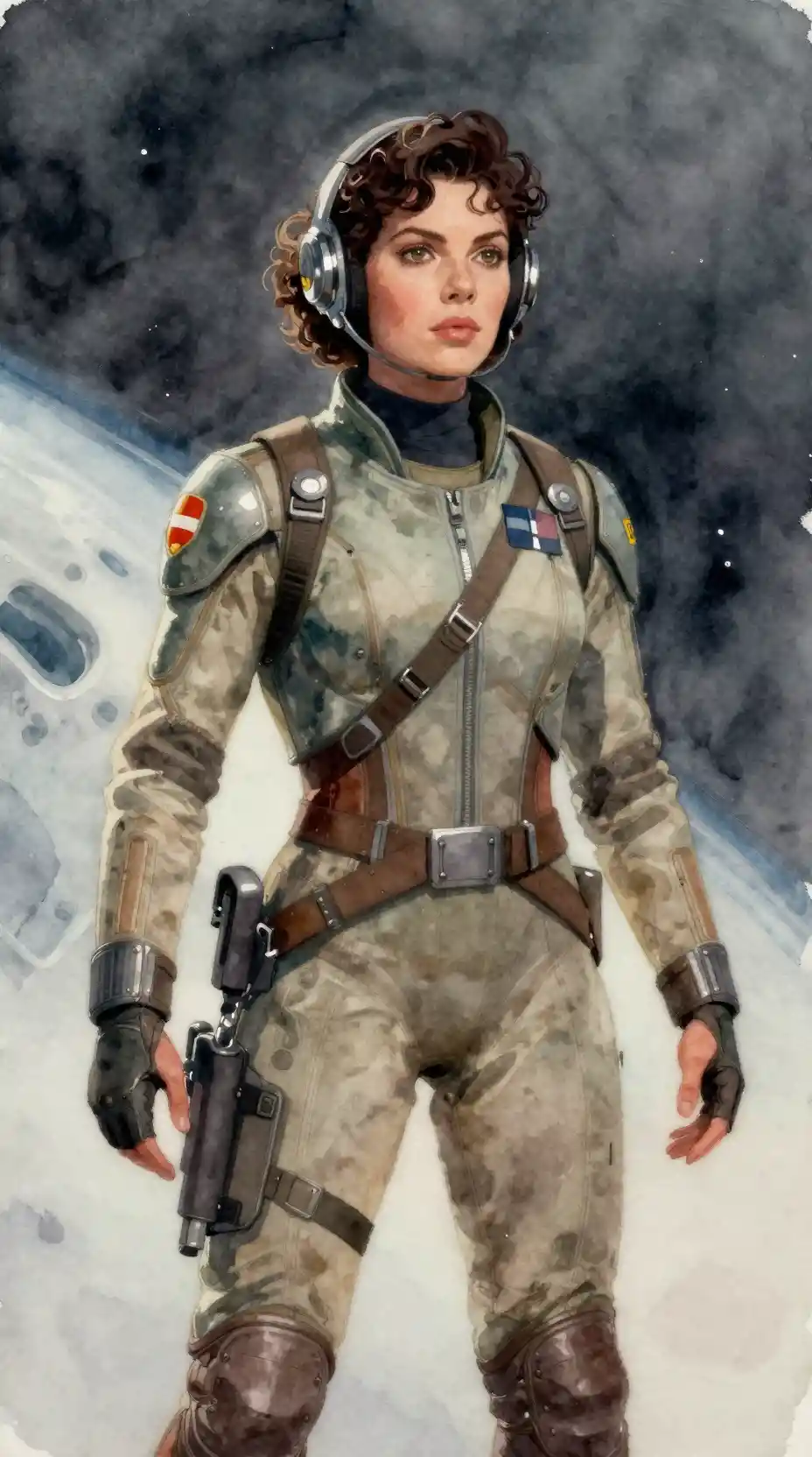 Short female space pilot defying physics in deep future