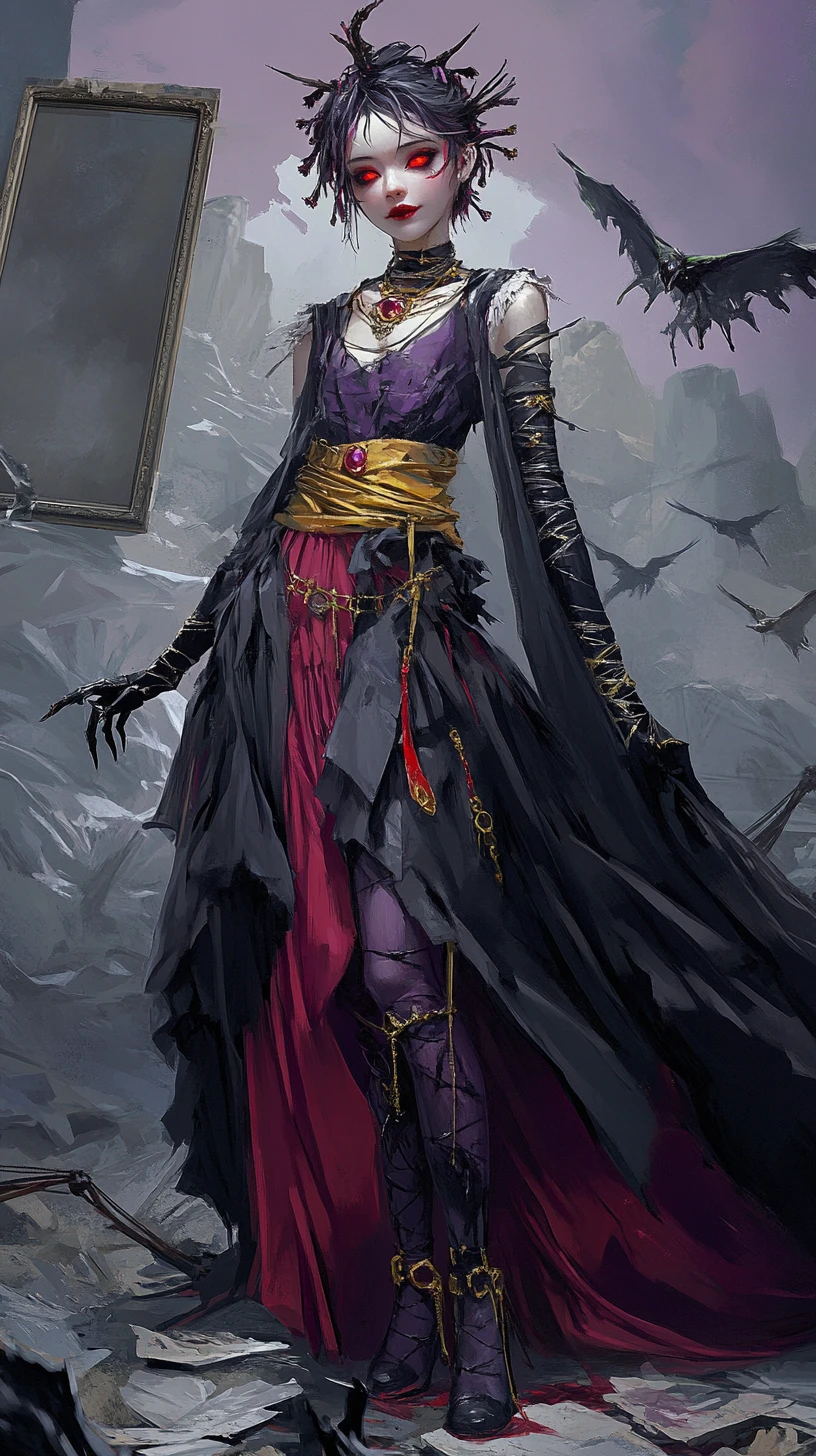 Anime girl with two toned hair and monstrous red eyes