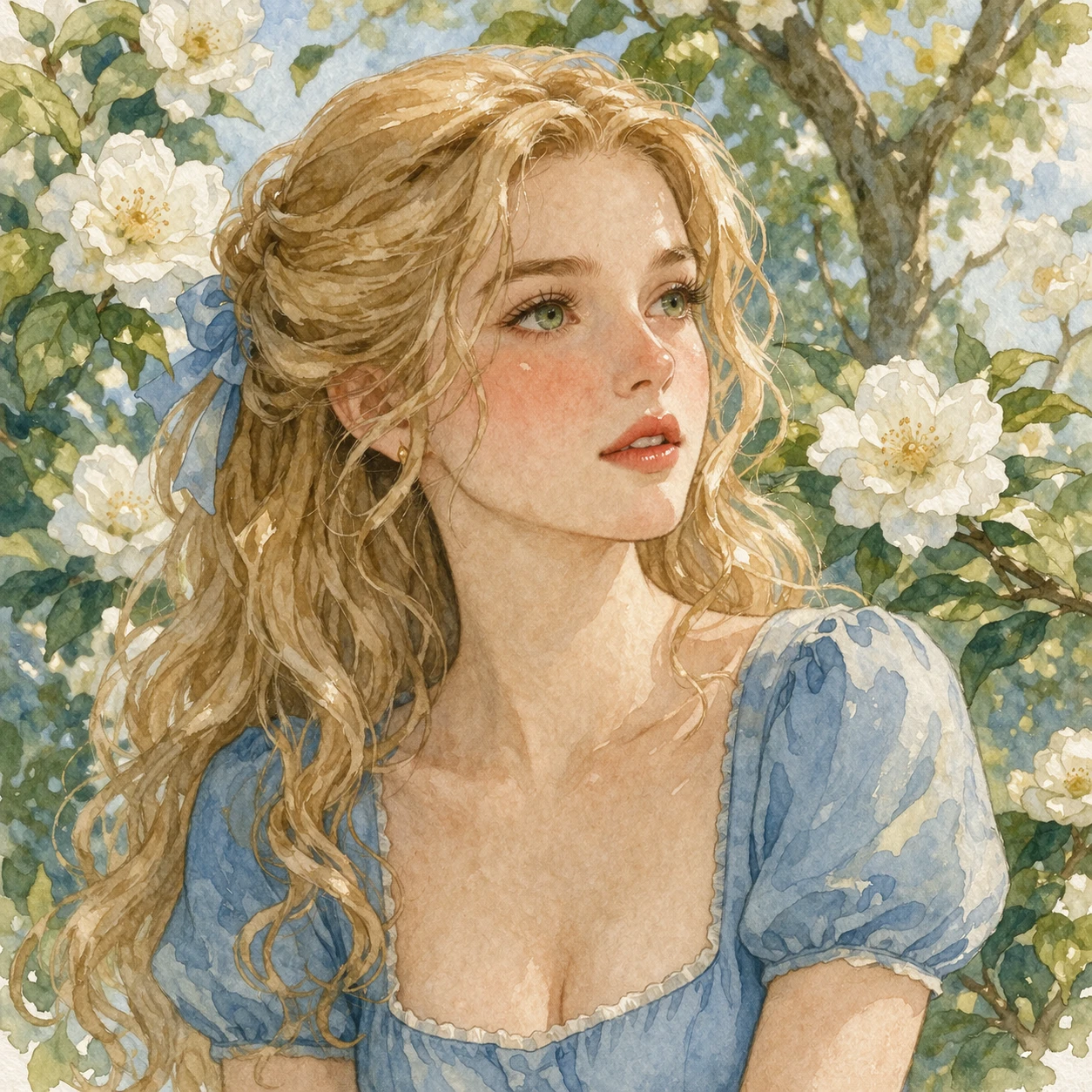 Dreamy blonde girl portrait in a floral garden