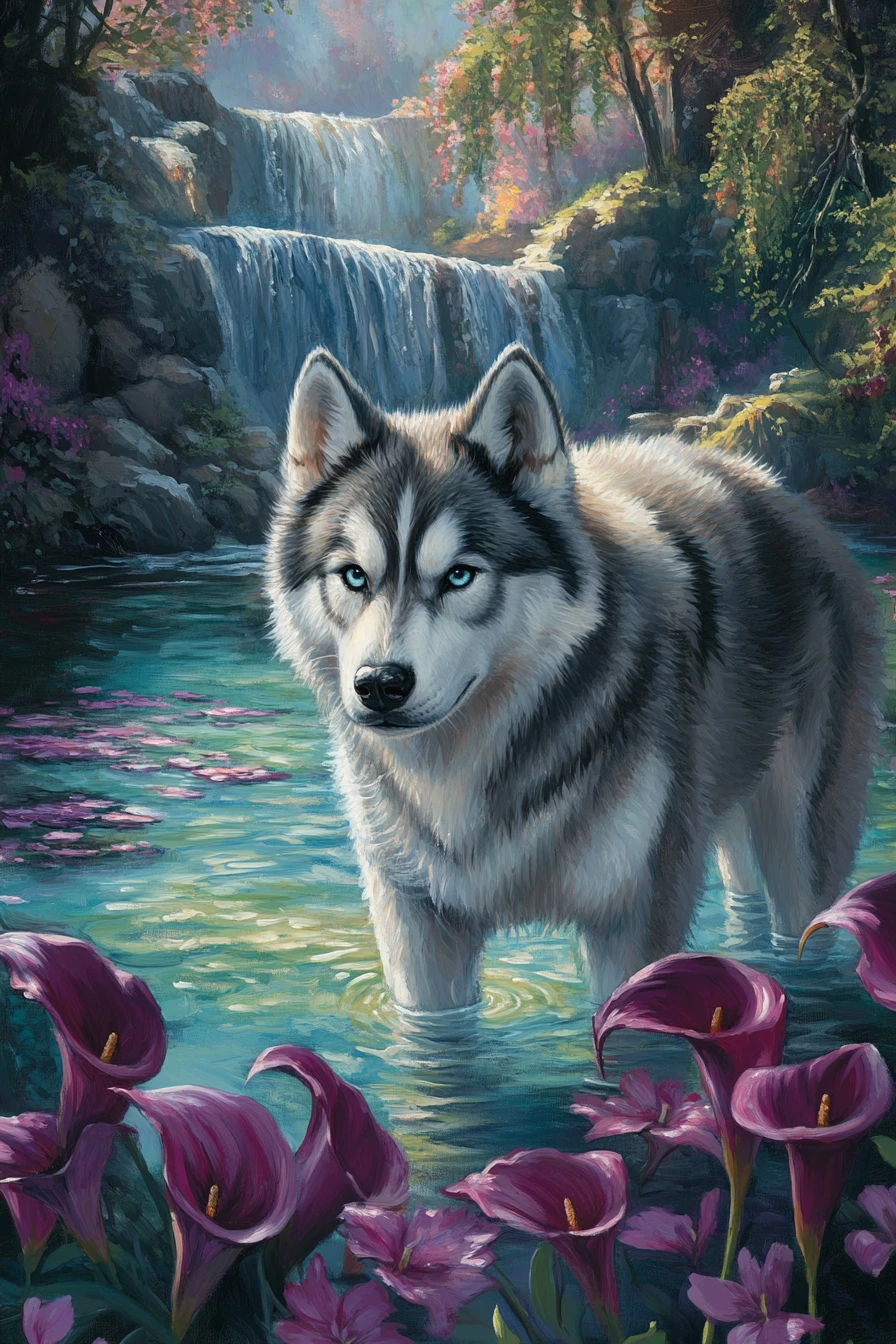 Siberian Husky By Turquoise Lake At Violet Sunset