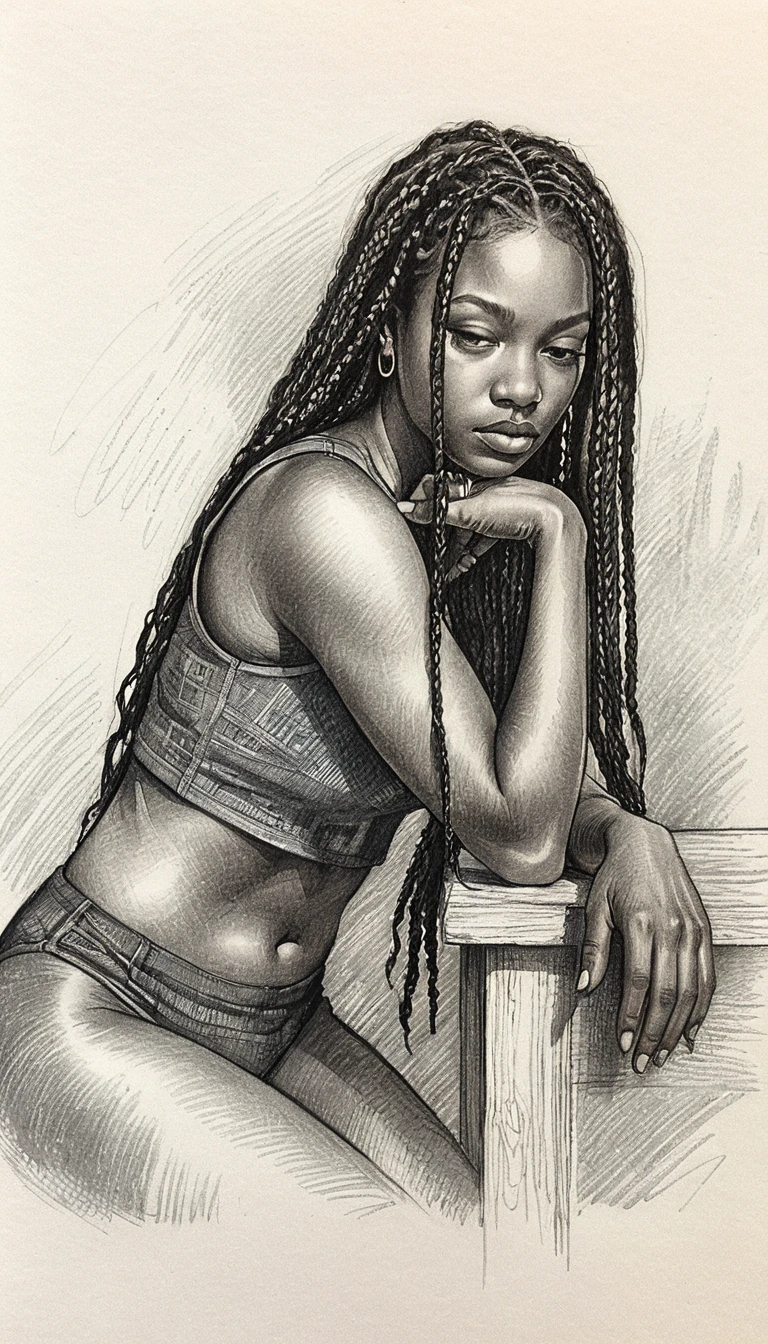 Graphite drawing of a woman leaning on a rectangular block