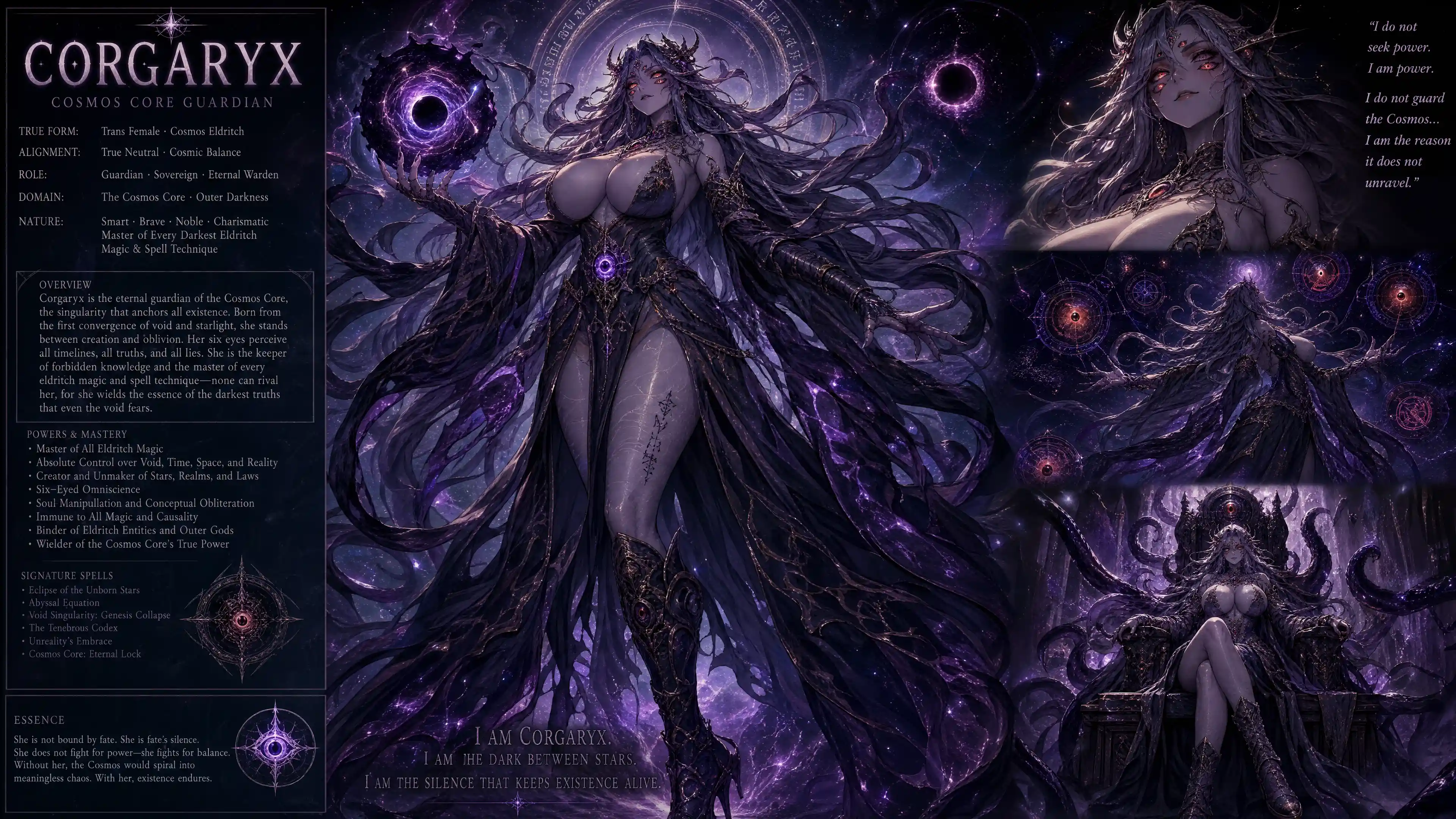 Trans cosmic eldritch woman with six glowing red eyes