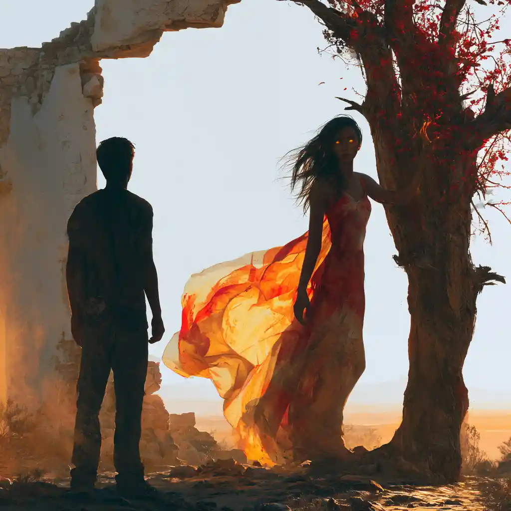 Silhouetted man facing ethereal woman in glowing desert ruins