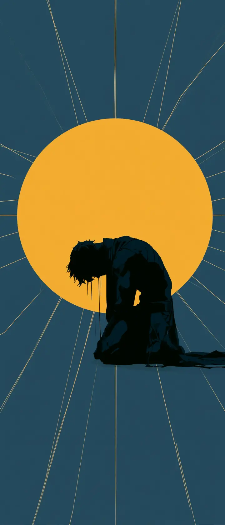 Kneeling anime silhouette within golden sun flag design
