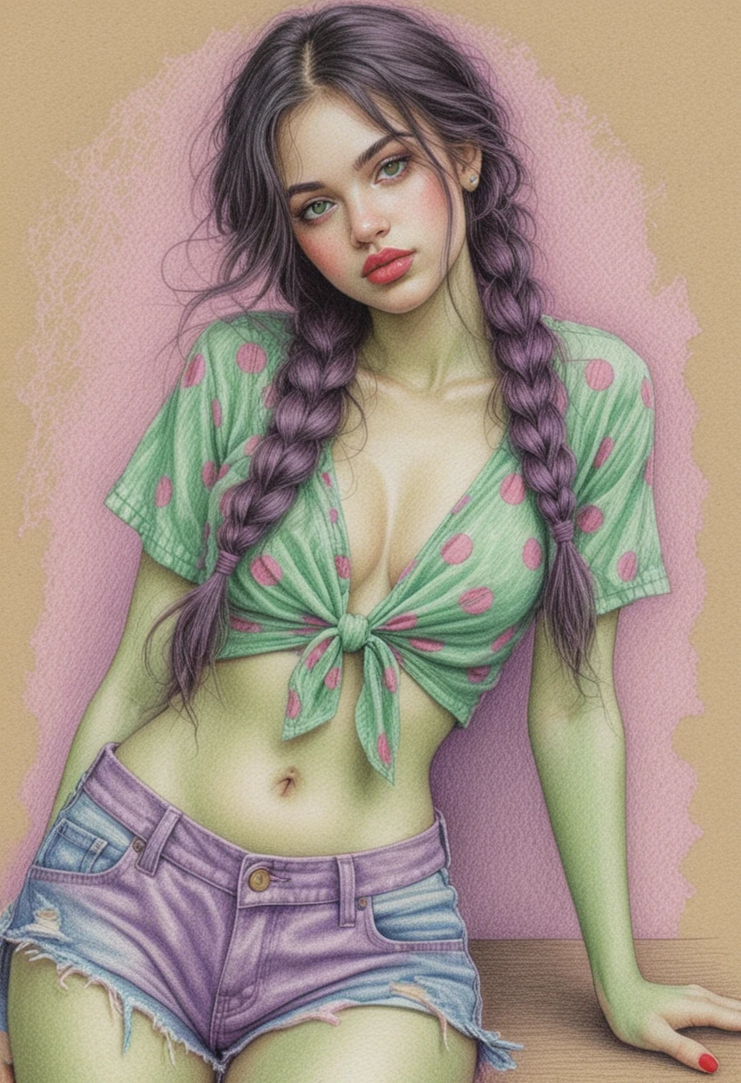 Colored pencil portrait of a girl with braids and denim shorts