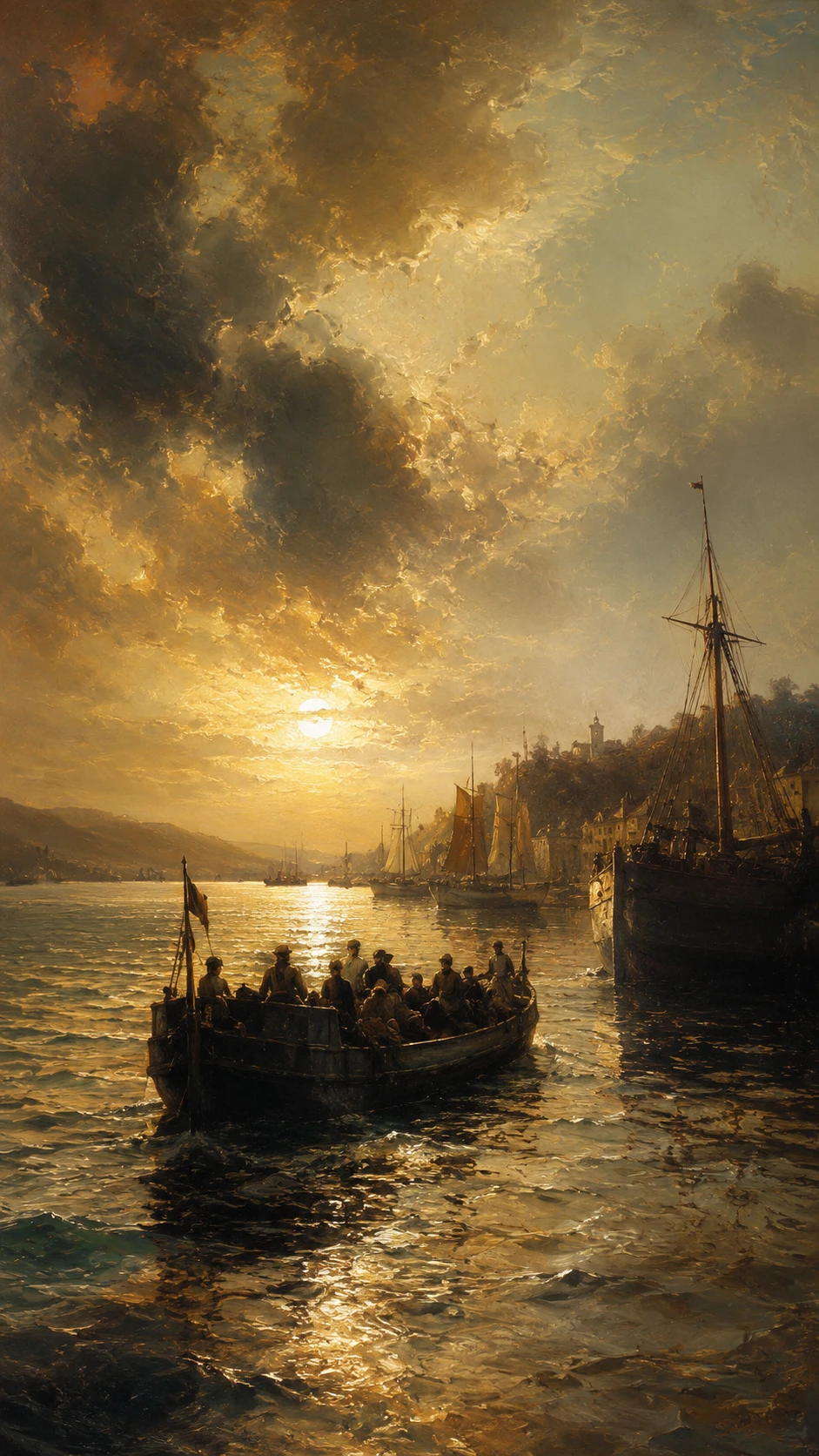 Romantic harbor boat on glowing golden seascape waters
